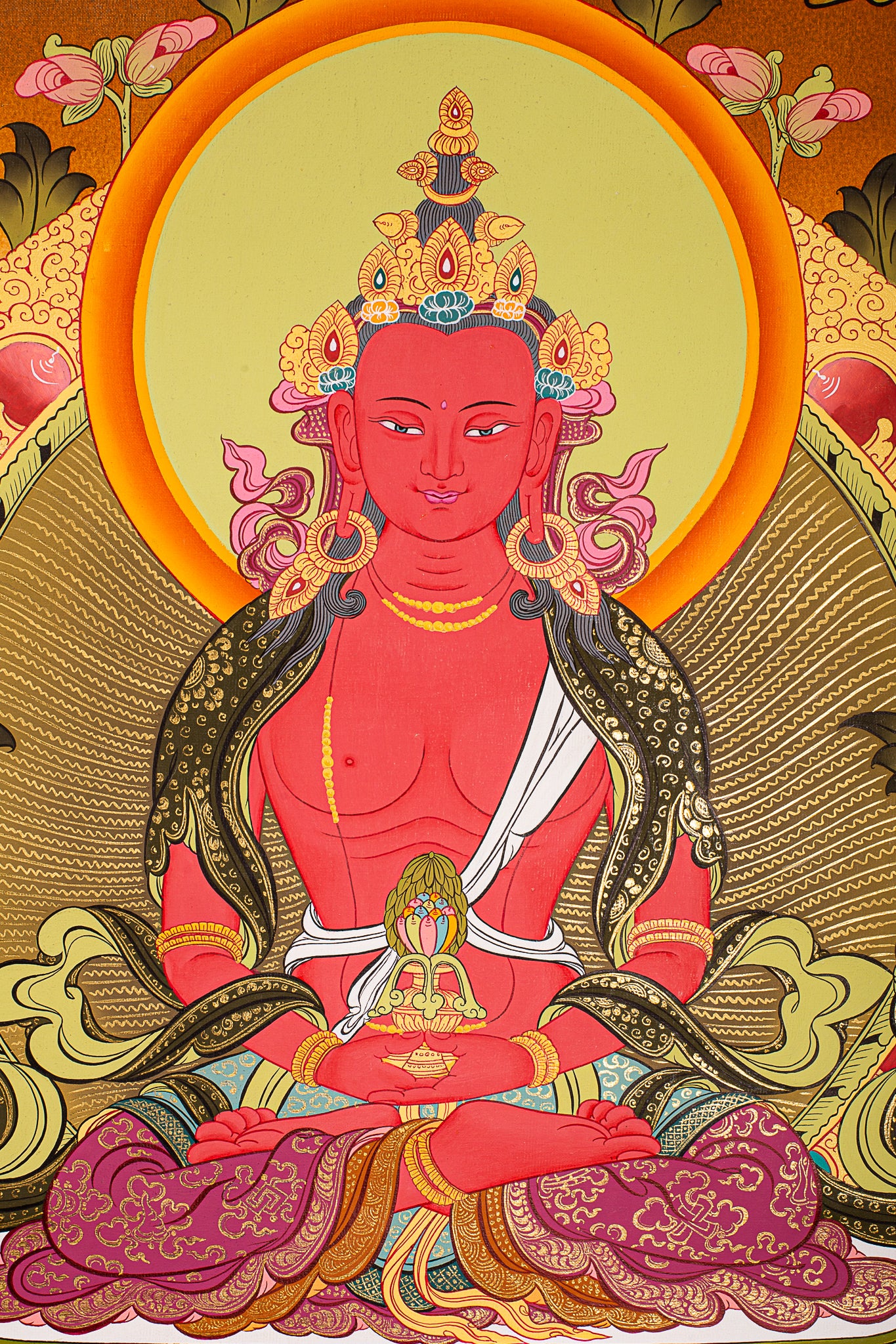 The Buddha sits in a meditative posture, radiating compassion and enlightenment.