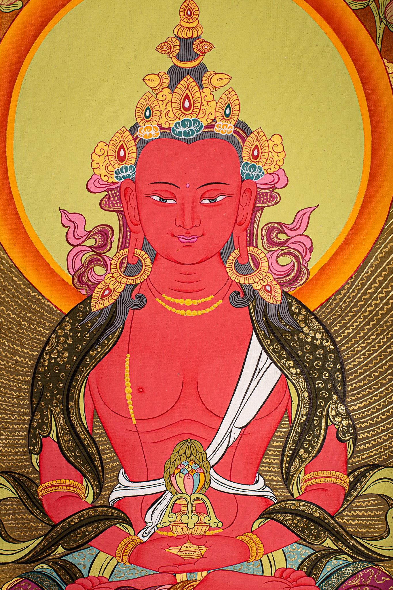 The thangka serves as a visual gateway to the profound teachings and blessings associated with Amitayus Buddha in Tibetan Buddhist tradition