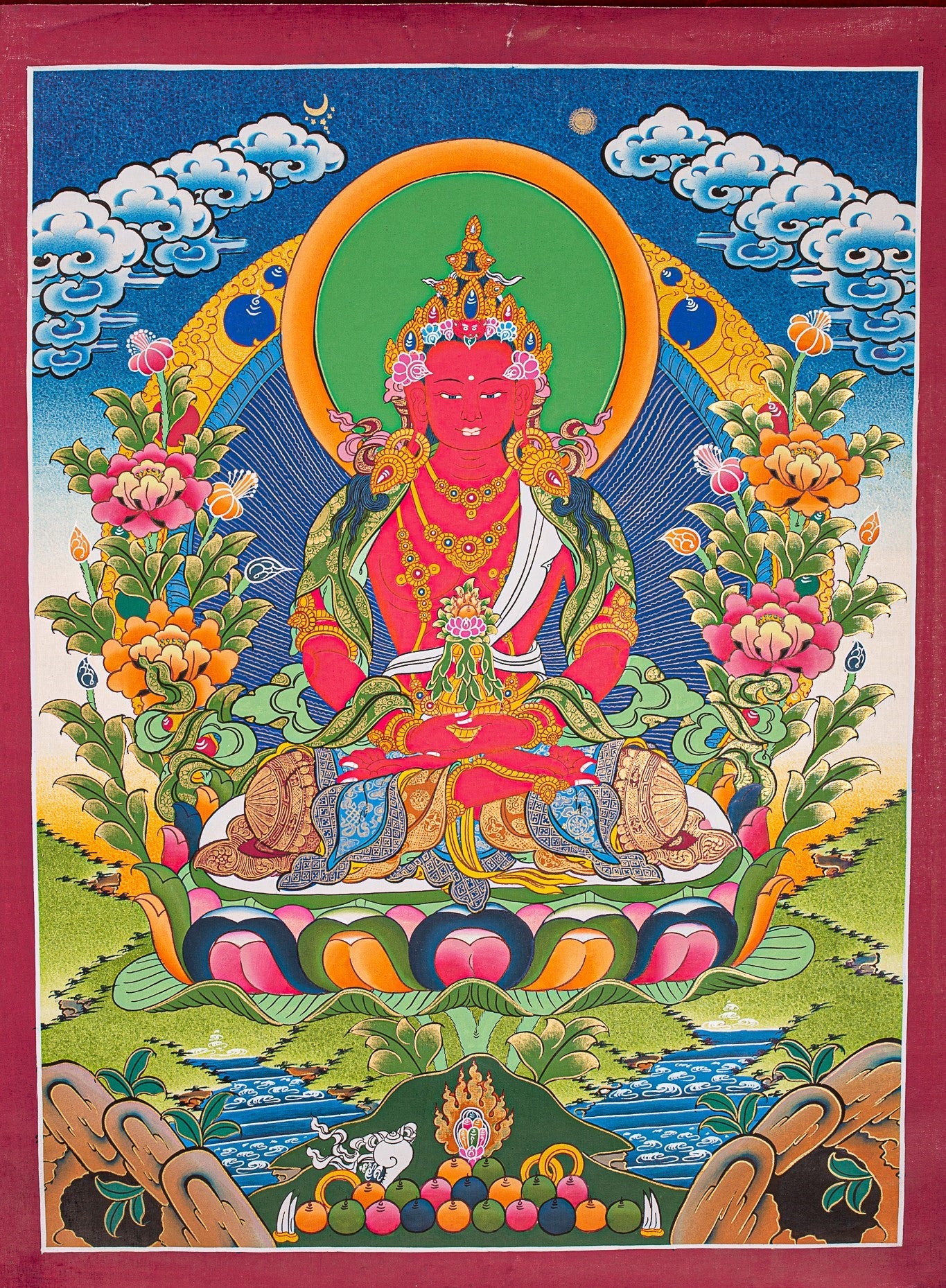 Traditional Tibetan Thangka Painting of Amitayus Buddha with intricate details