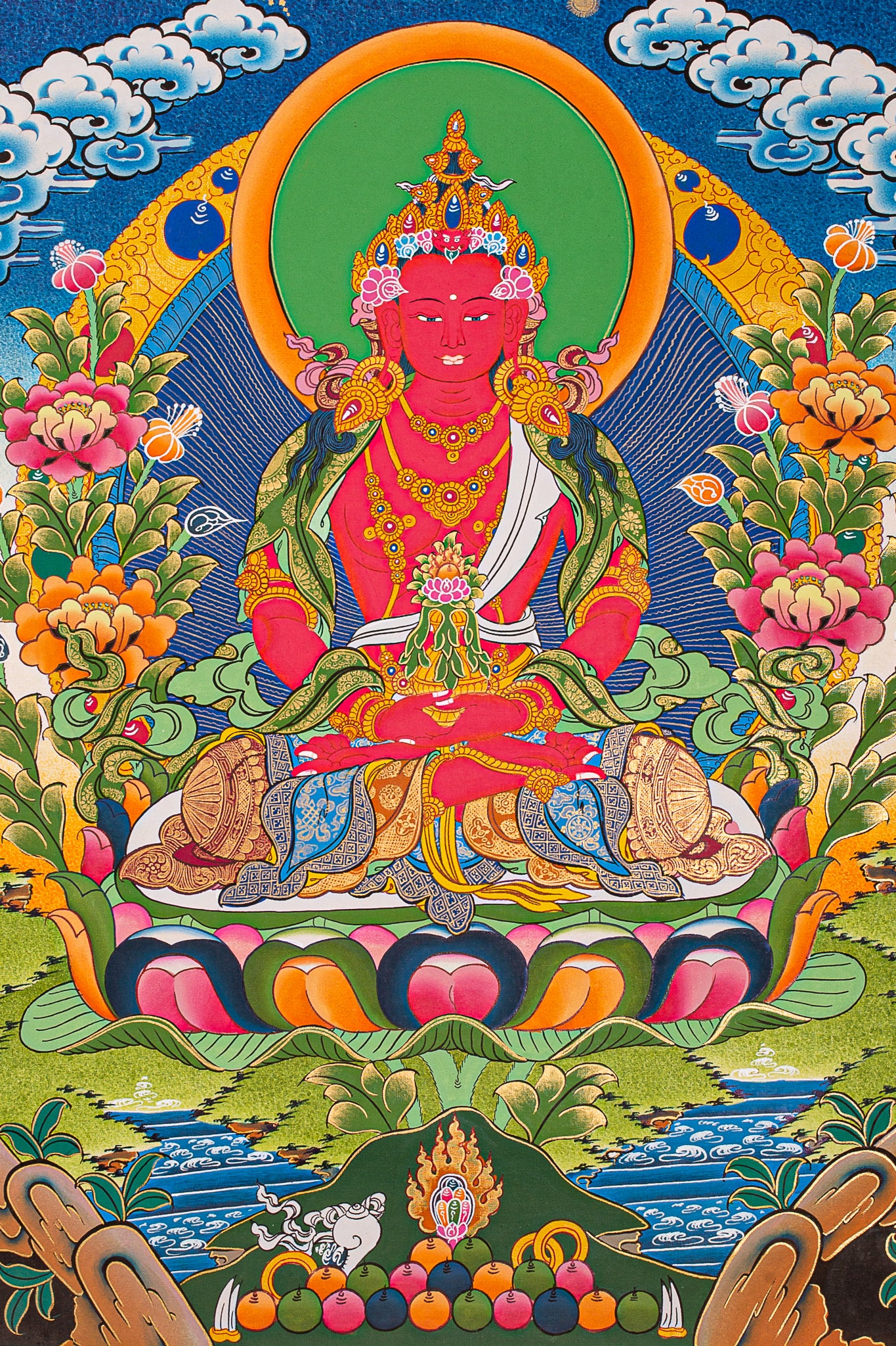 Traditional Tibetan Thangka Painting of Amitayus Buddha with intricate details