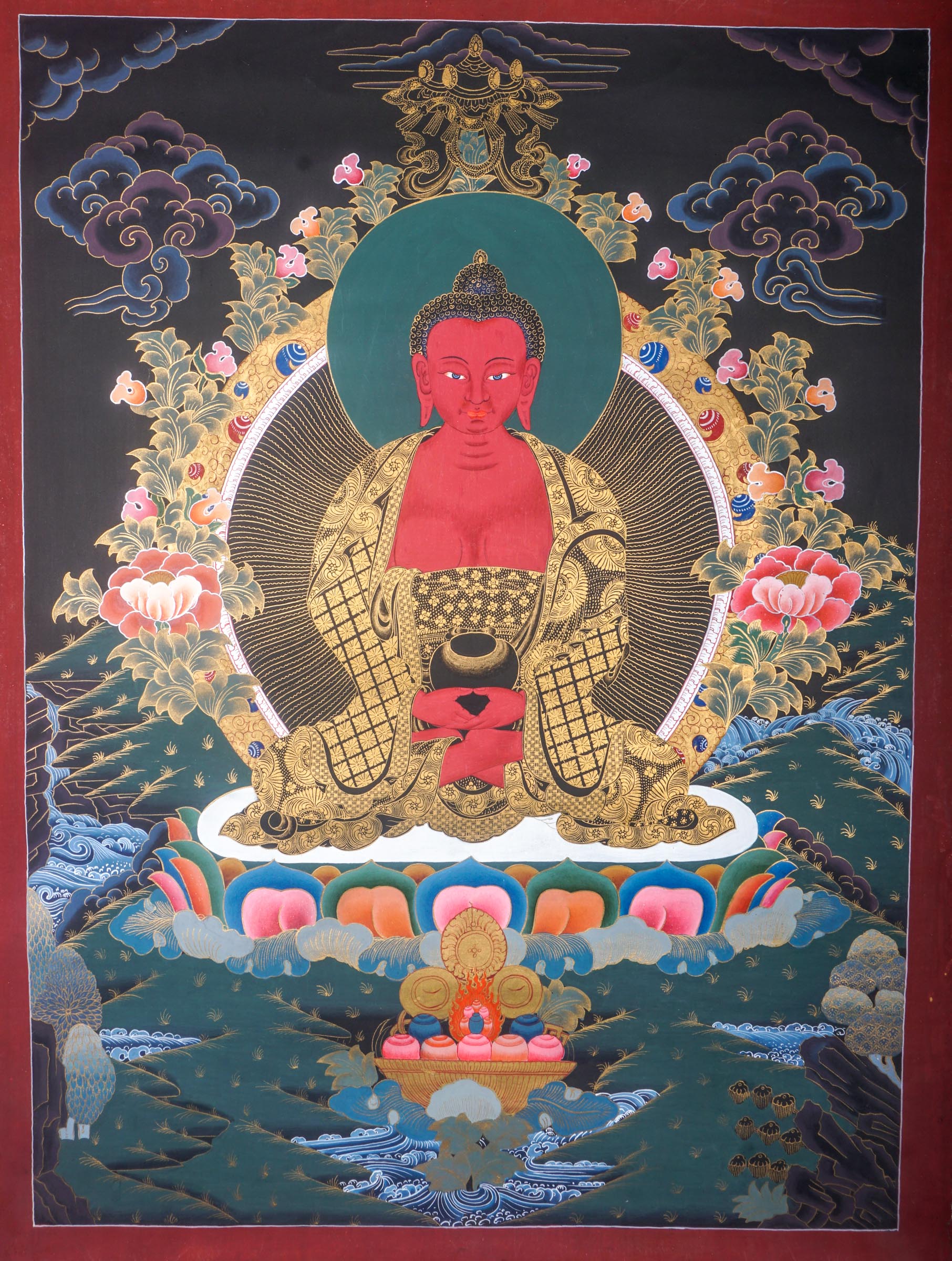 This genuine Tibetan Thangka of Amitabha Buddha beautifully captures his essence as the Buddha of Infinite Light and Life, central to Pure Land Buddhism. Hand-painted with mineral pigments, it brings peace, compassion, and enlightenment into any sacred space.