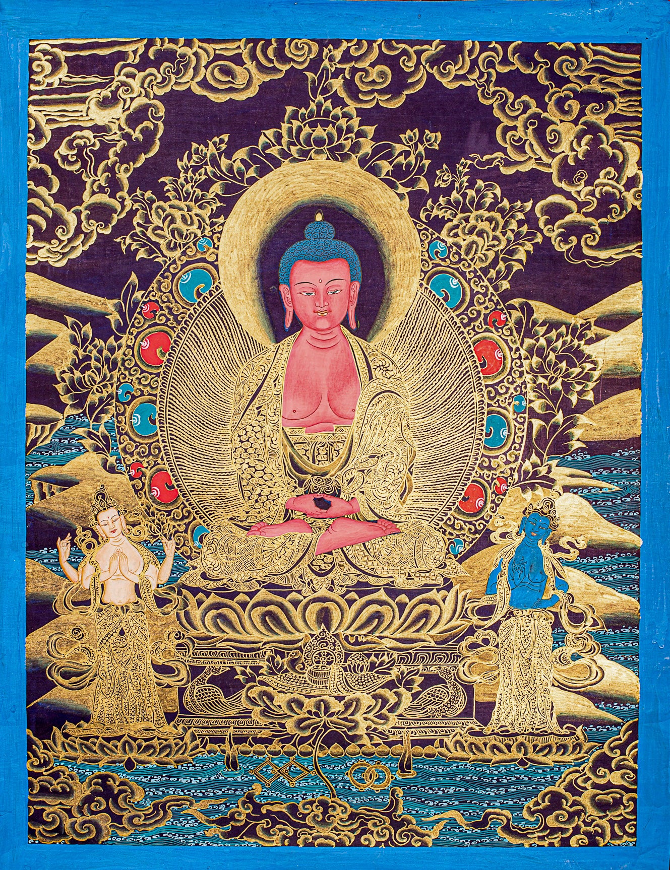 This genuine Tibetan Thangka of Amitabha Buddha embodies the essence of Infinite Light and Infinite Life in Mahayana Buddhism. Hand-painted with natural pigments, it radiates compassion and serenity, making it a sacred centerpiece for meditation and spiritual reflection.