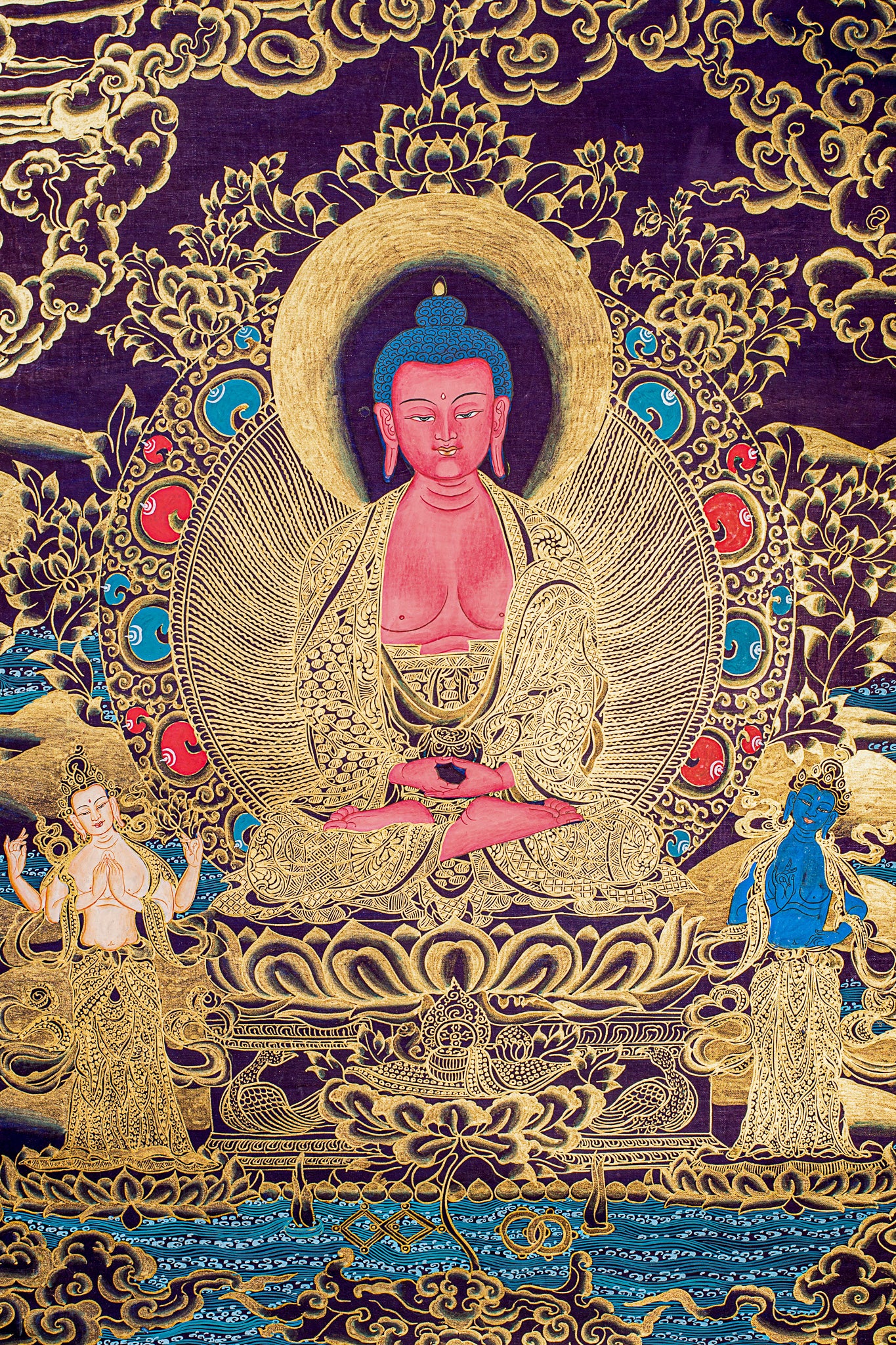 This genuine Tibetan Thangka of Amitabha Buddha embodies the essence of Infinite Light and Infinite Life in Mahayana Buddhism. Hand-painted with natural pigments, it radiates compassion and serenity, making it a sacred centerpiece for meditation and spiritual reflection.