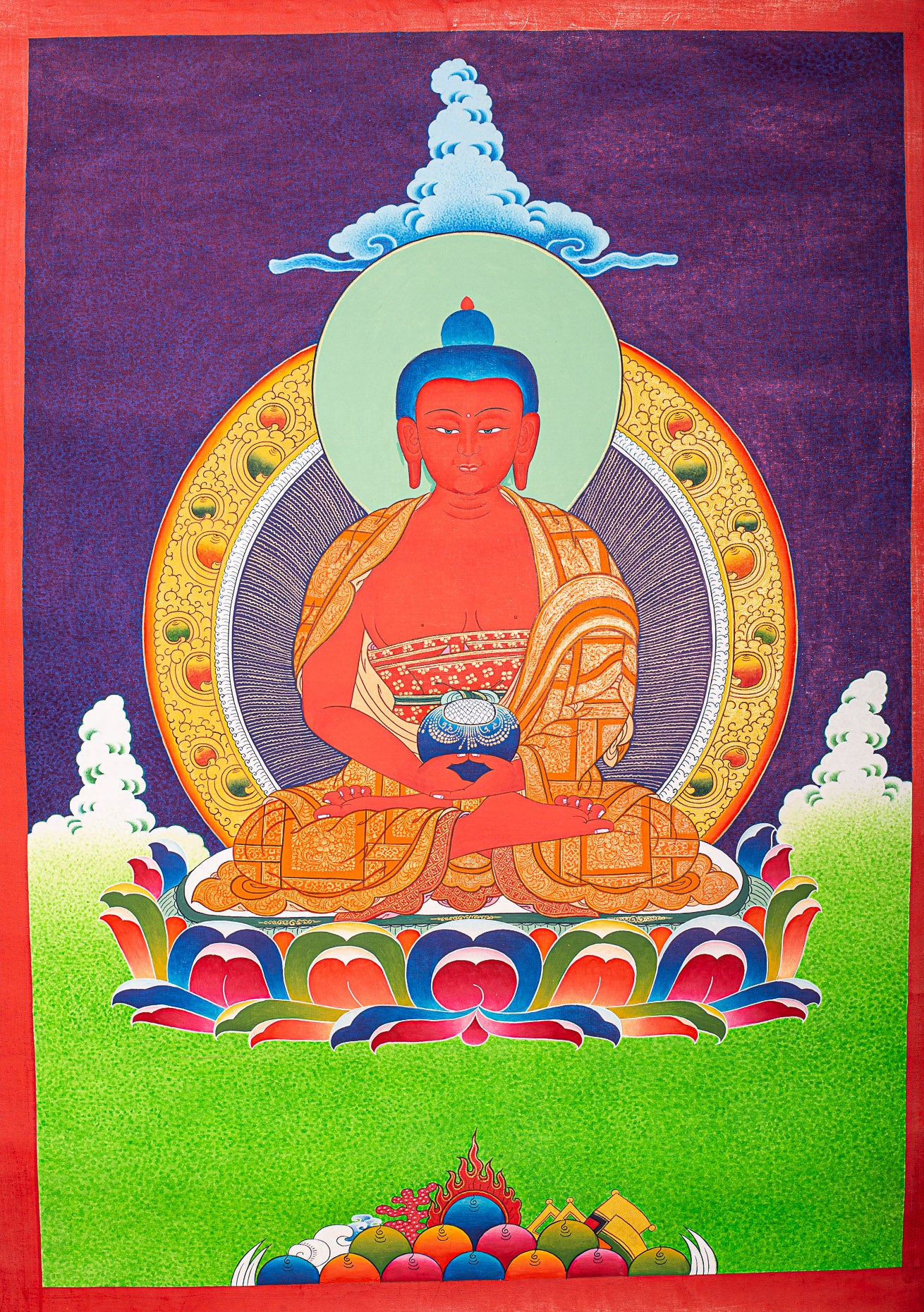 This handcrafted Amitabha Buddha Tibetan Thangka beautifully embodies the Buddha of Infinite Light and Life, a central figure in Pure Land Buddhism. Made with natural mineral pigments, it radiates peaceful energy and is perfect for enhancing any meditation or spiritual space.