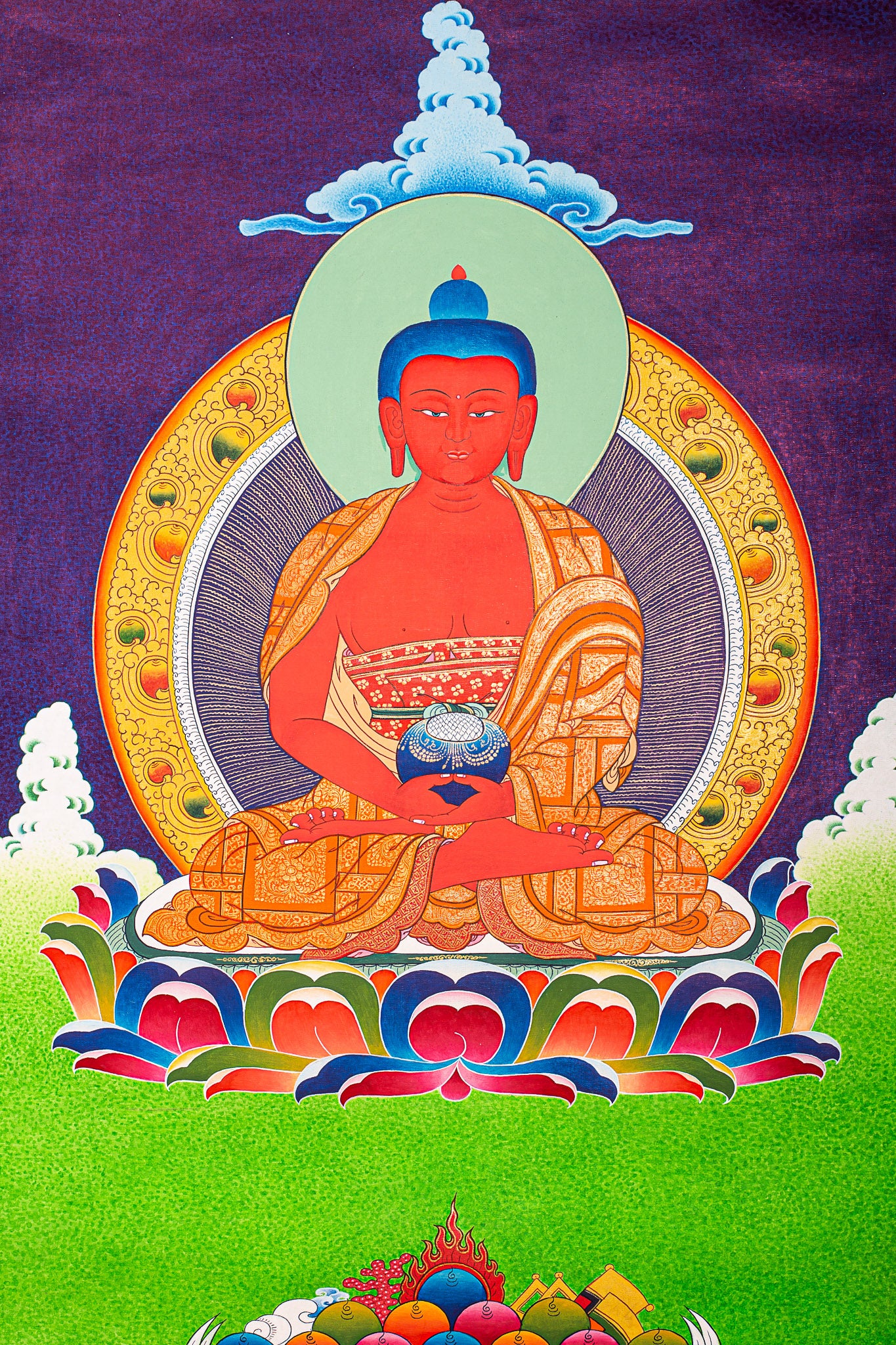 This handcrafted Amitabha Buddha Tibetan Thangka beautifully embodies the Buddha of Infinite Light and Life, a central figure in Pure Land Buddhism. Made with natural mineral pigments, it radiates peaceful energy and is perfect for enhancing any meditation or spiritual space.