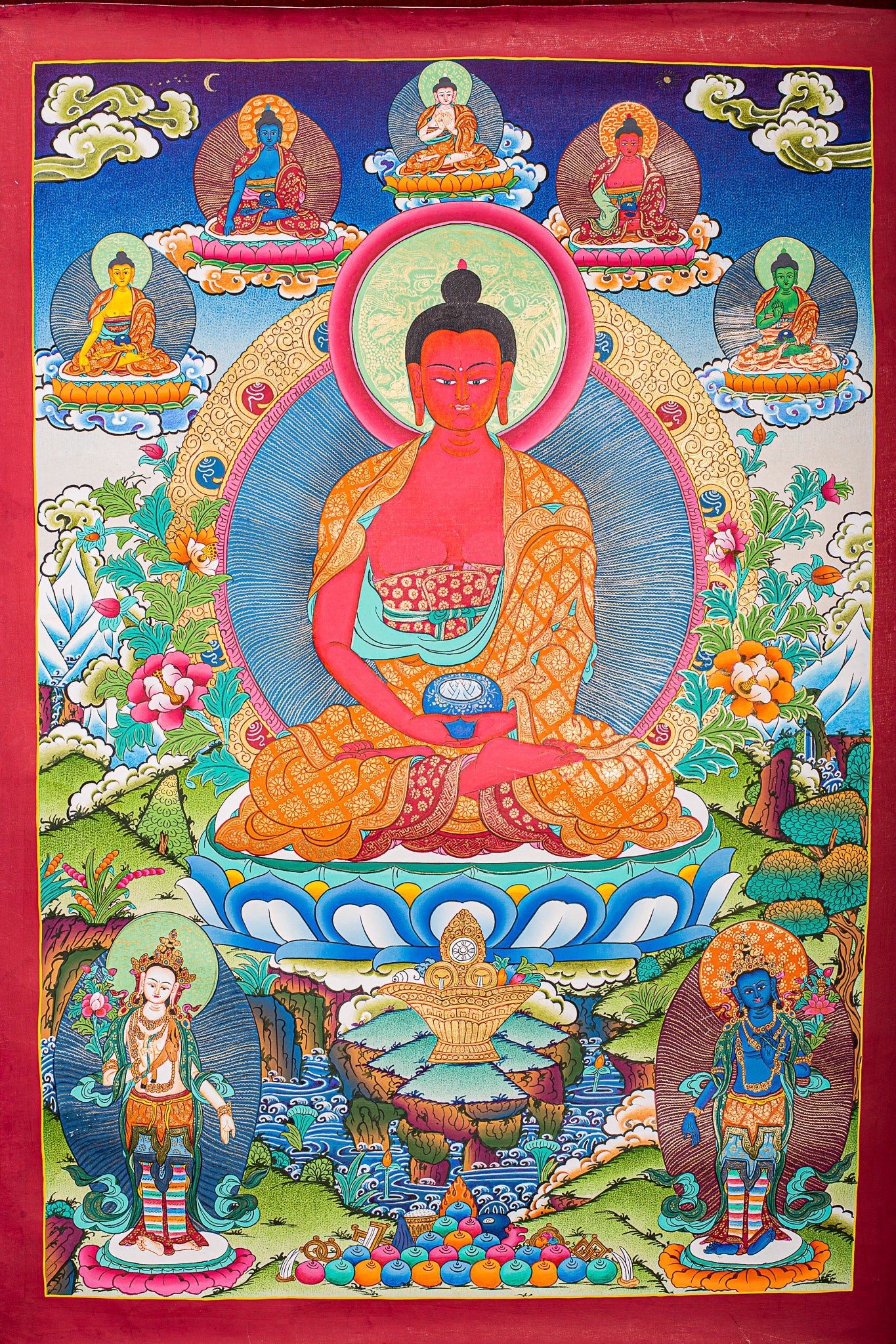 This genuine Tibetan Thangka of Amitabha Buddha symbolizes infinite light and life, guiding Pure Land practitioners toward enlightenment and liberation. Hand-painted with natural mineral pigments, it radiates peace and spiritual depth, perfect for any Buddhist altar or meditation space.
