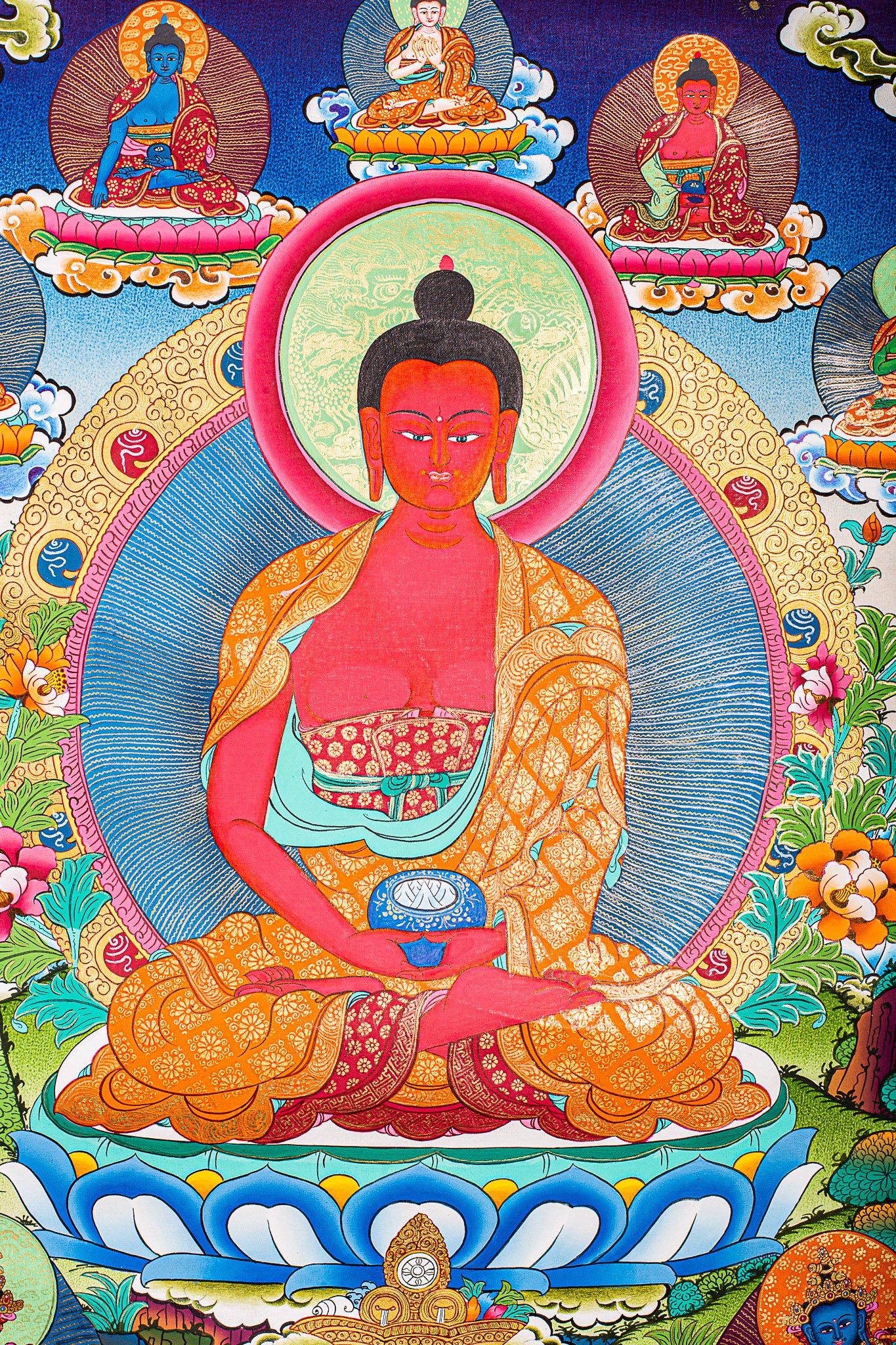 This genuine Tibetan Thangka of Amitabha Buddha symbolizes infinite light and life, guiding Pure Land practitioners toward enlightenment and liberation. Hand-painted with natural mineral pigments, it radiates peace and spiritual depth, perfect for any Buddhist altar or meditation space.
