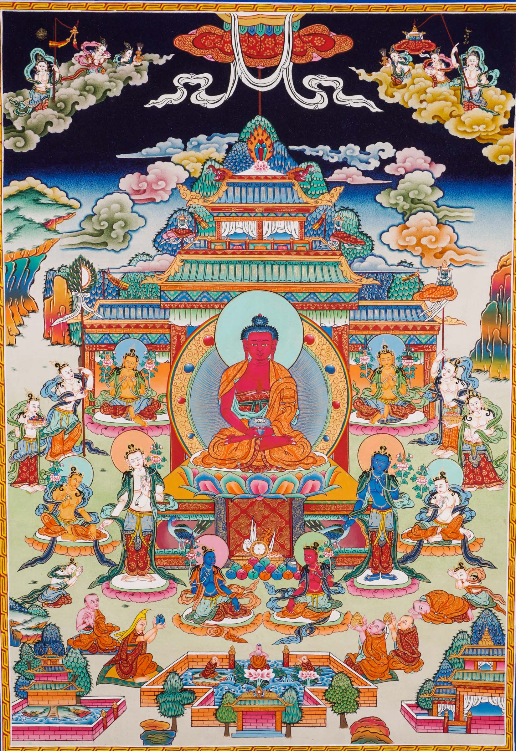 Amitabha Pure Land Thangka -Colorful religious artwork with central figure and attendants