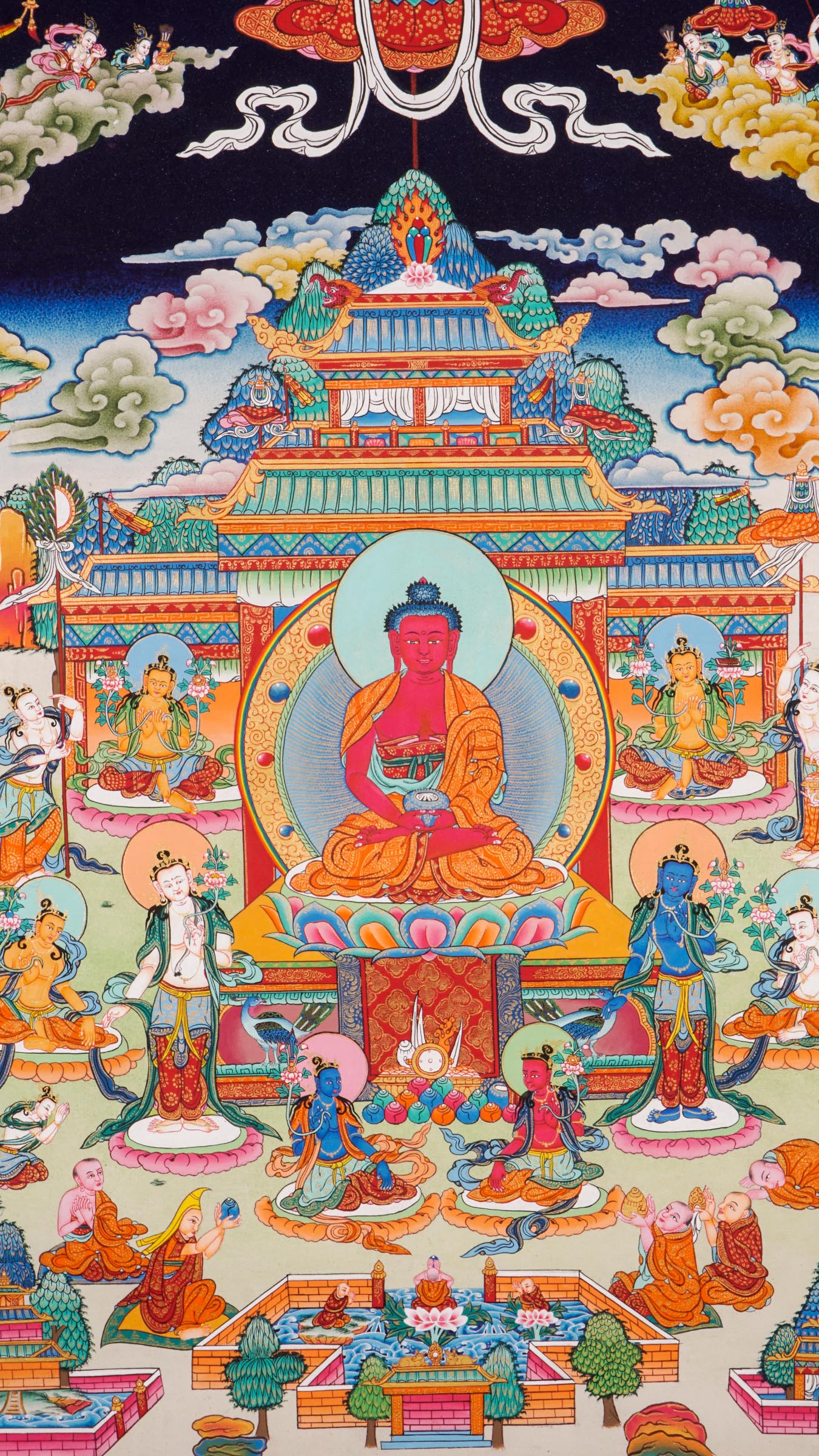 Amitabha Pure Land Thangka -Colorful religious artwork with central figure and attendants
