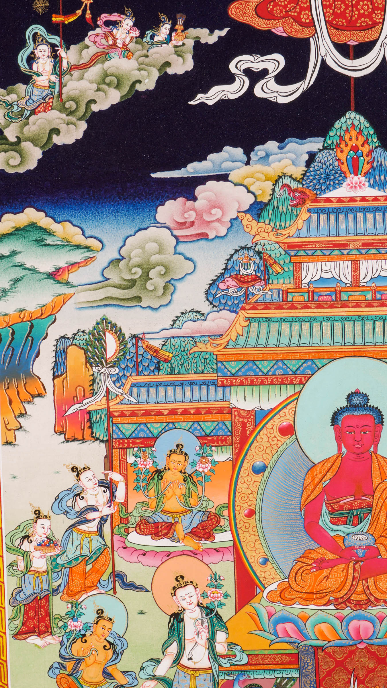 Amitabha (Stone Temple)Thangka -Colorful religious artwork with central figure and attendants