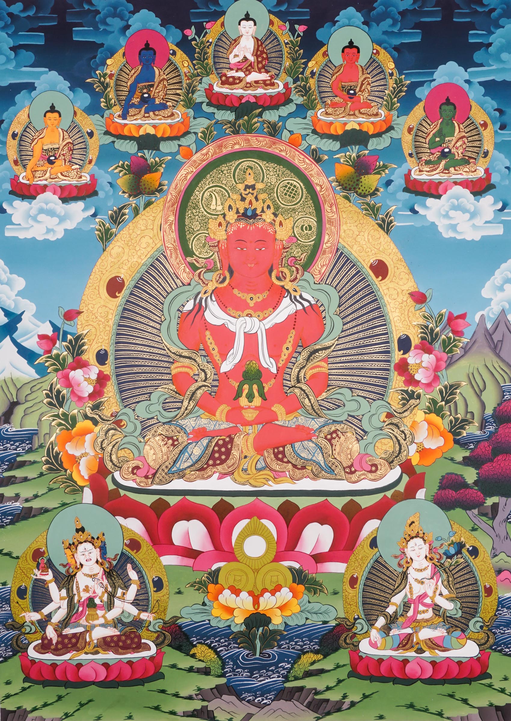 Amitayus Buddha Thangka - A sacred art of Amitayus with Five Dhyani Buddhas representing a unique quality of awakened mind with Namgyalma and White Tara presence.