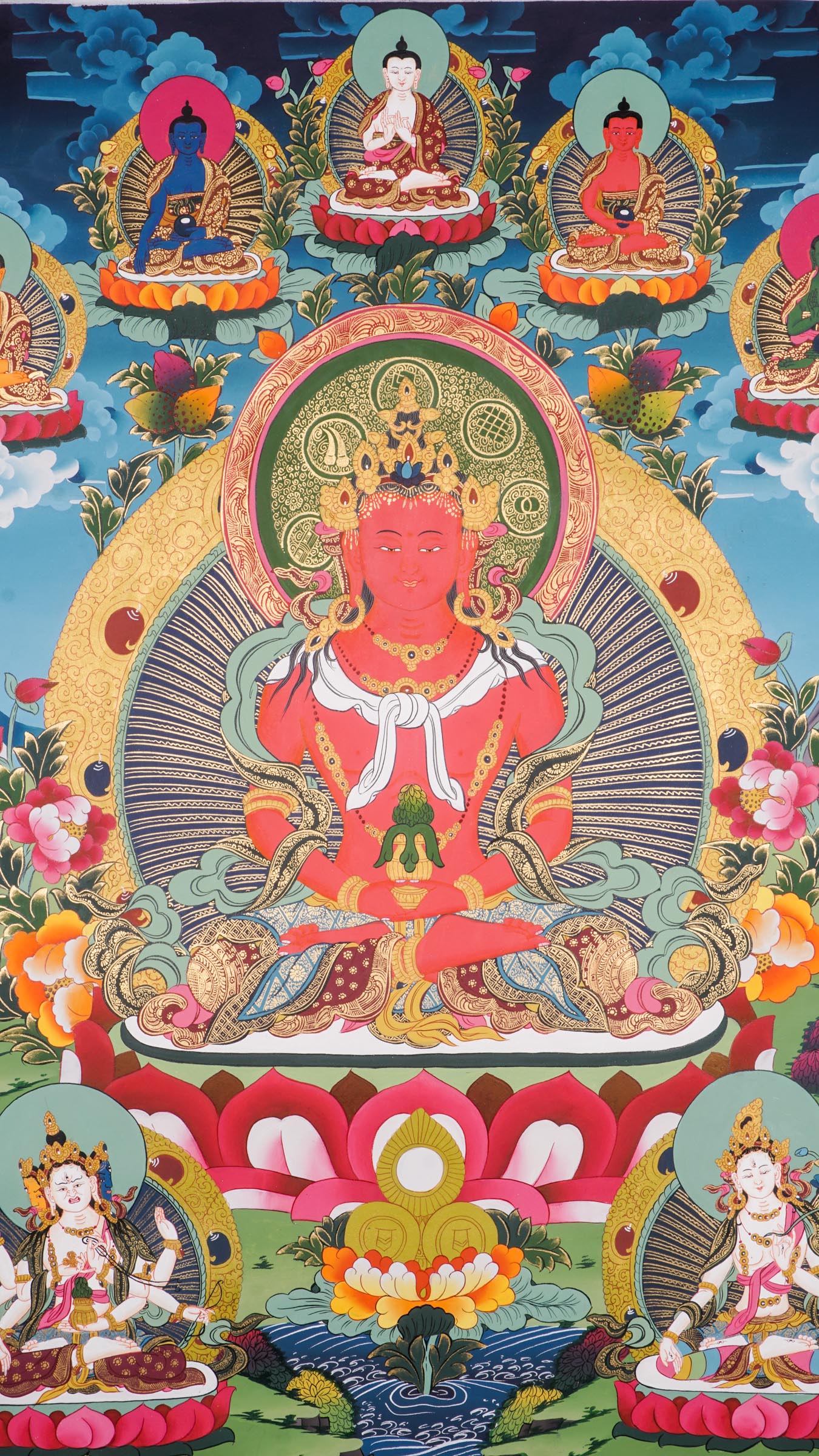 Amitayus Buddha Thangka - A sacred art of Amitayus with Five Dhyani Buddhas representing a unique quality of awakened mind with Namgyalma and White Tara presence.