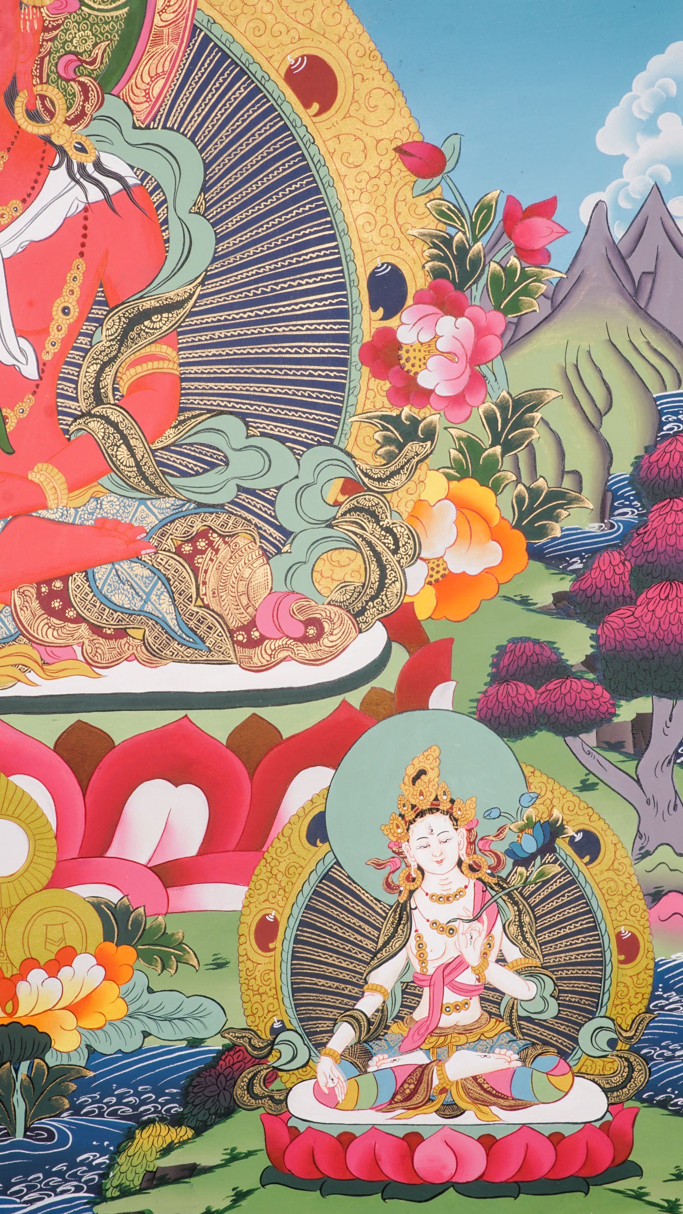Amitayus Buddha Thangka - A sacred art of Amitayus with Five Dhyani Buddhas representing a unique quality of awakened mind with Namgyalma and White Tara presence.