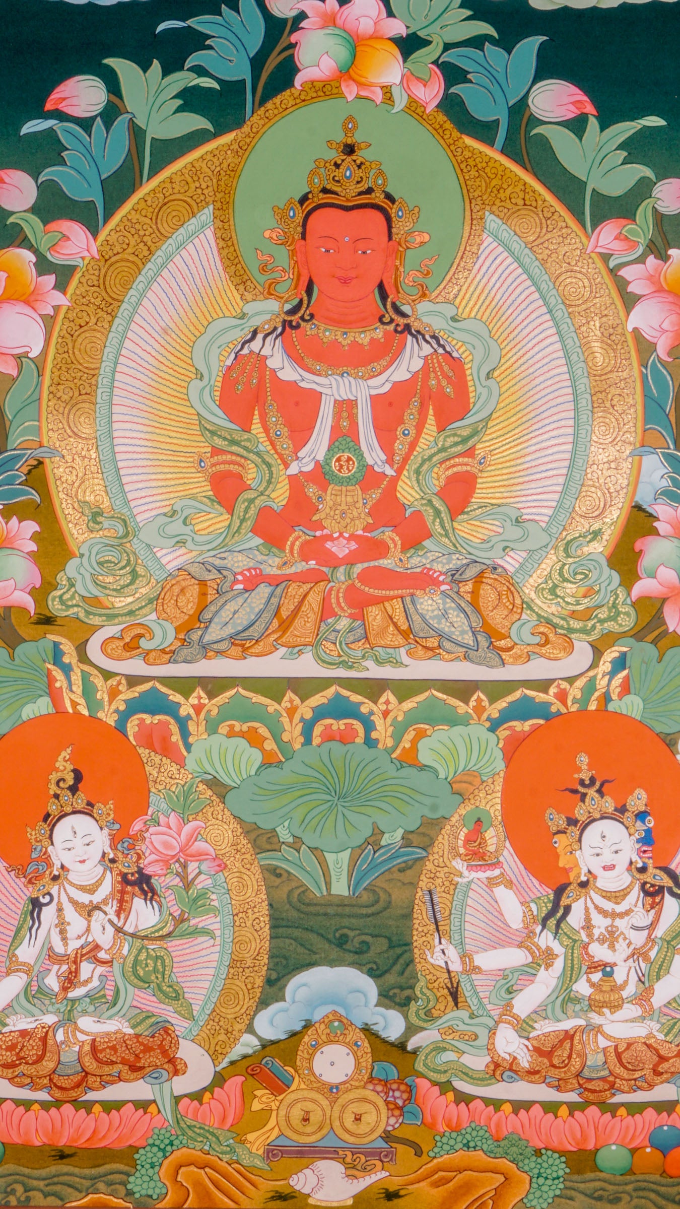 Amitayus Buddha Thangka - a sacred artwork with two divine protectors.