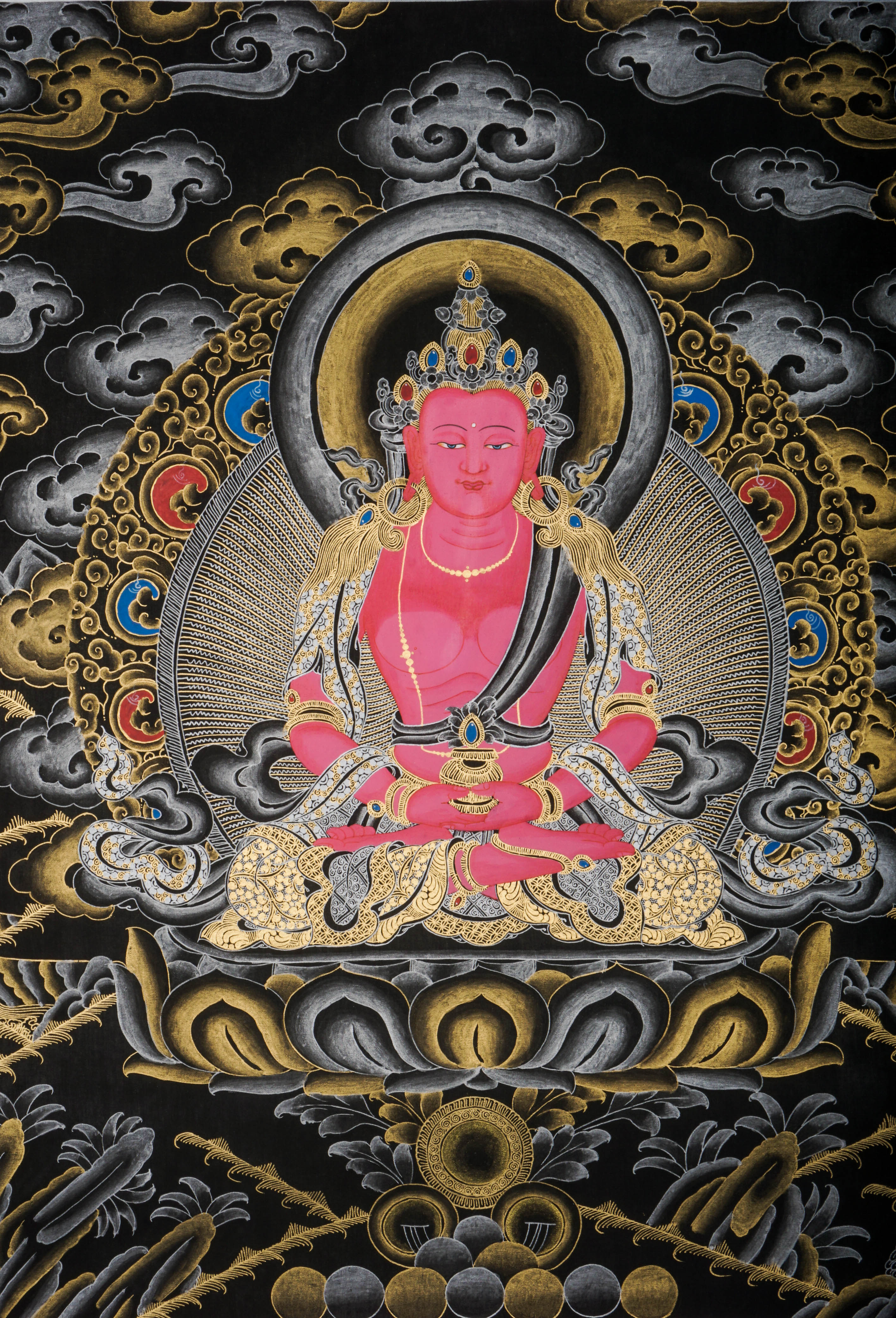 Amitayus Buddha Thangka features the Tibetan Buddha of Eternal Life, symbolizing longevity and health. Hand-painted with natural pigments, this authentic Tibetan artwork brings spiritual blessings and is ideal for home decor.