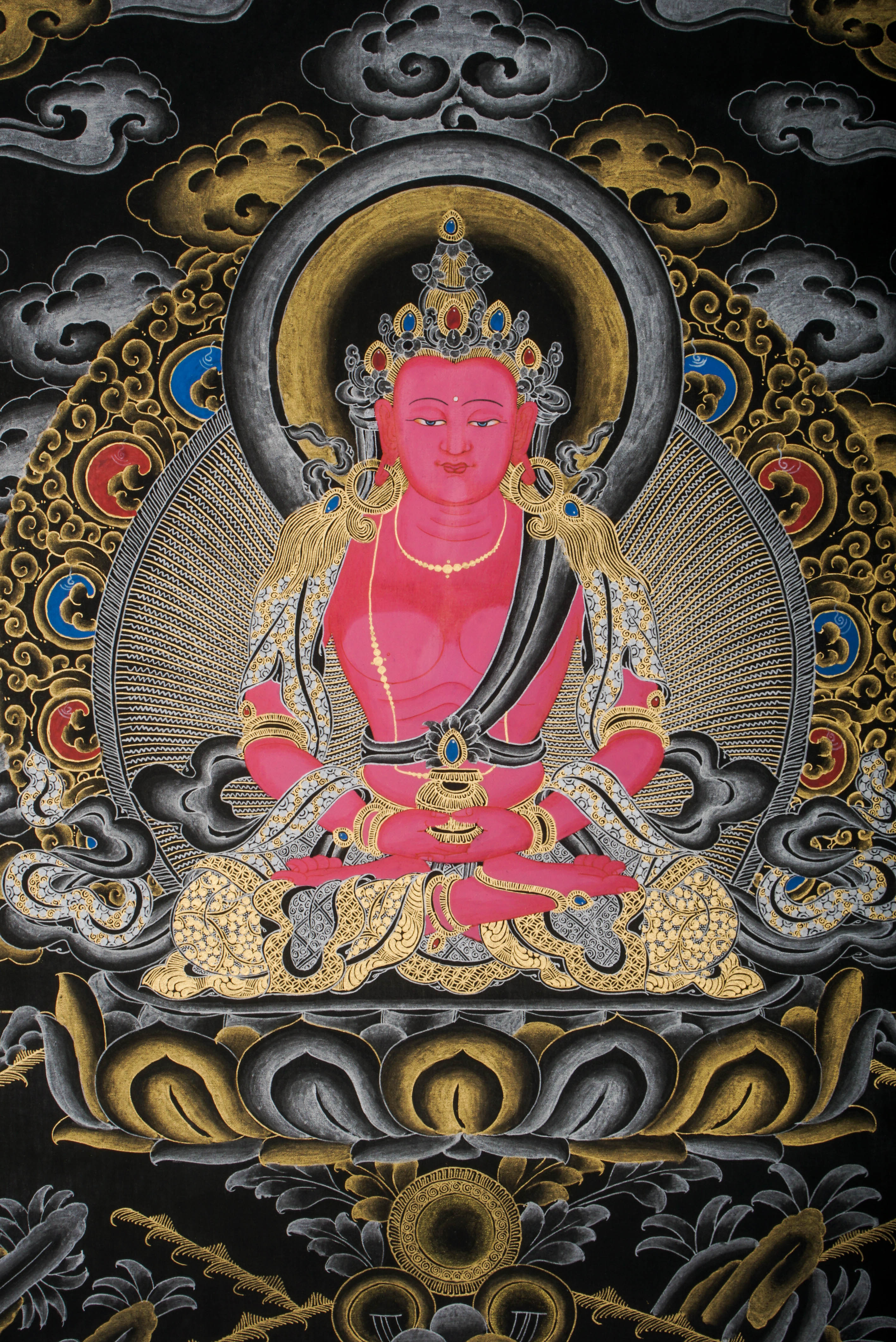 Amitayus Buddha Thangka features the Tibetan Buddha of Eternal Life, symbolizing longevity and health. Hand-painted with natural pigments, this authentic Tibetan artwork brings spiritual blessings and is ideal for home decor.