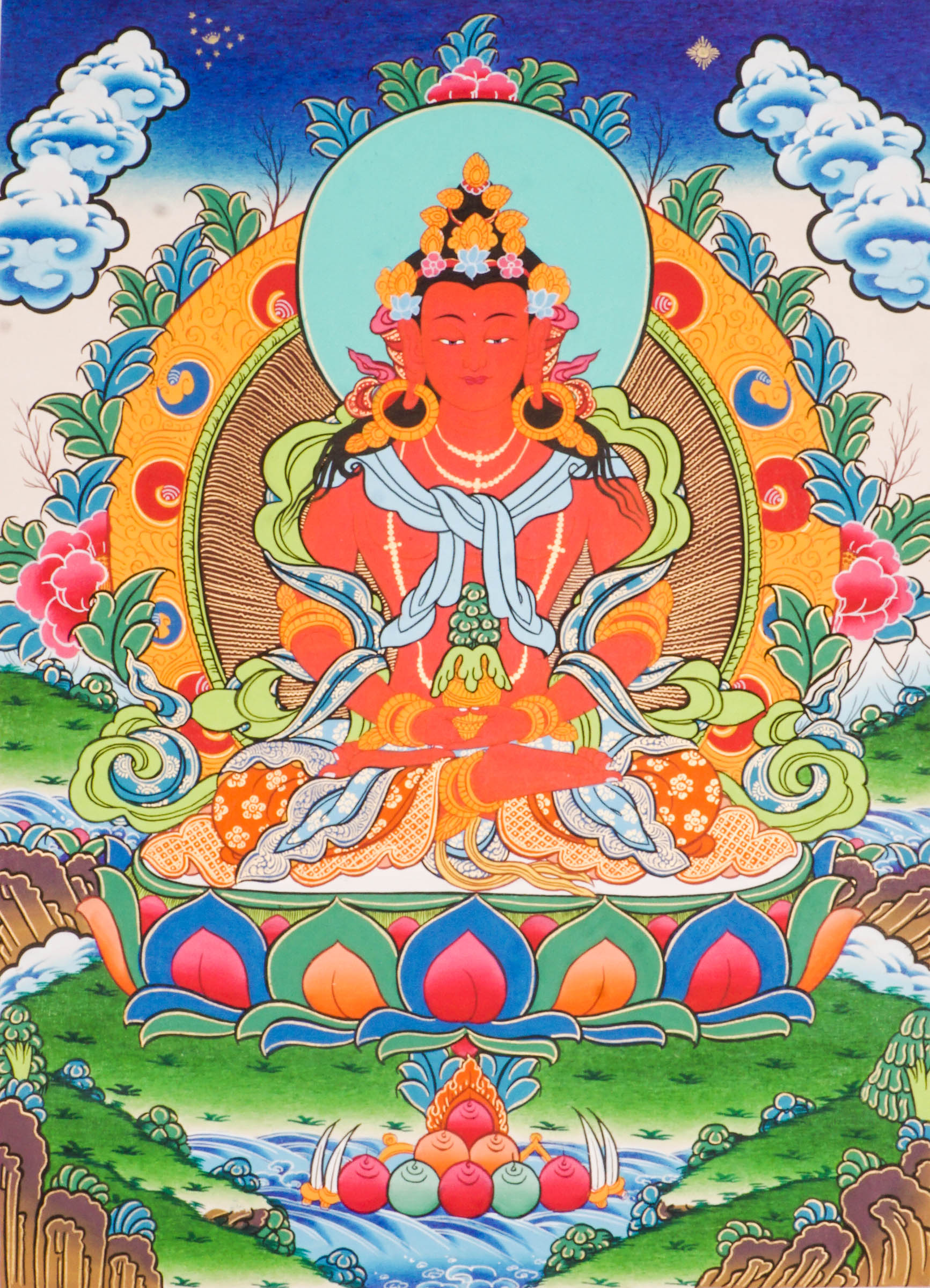 Amitayus Thangka- Exclusive hand-painted art of Amitayus with natural pigments and pure gold.