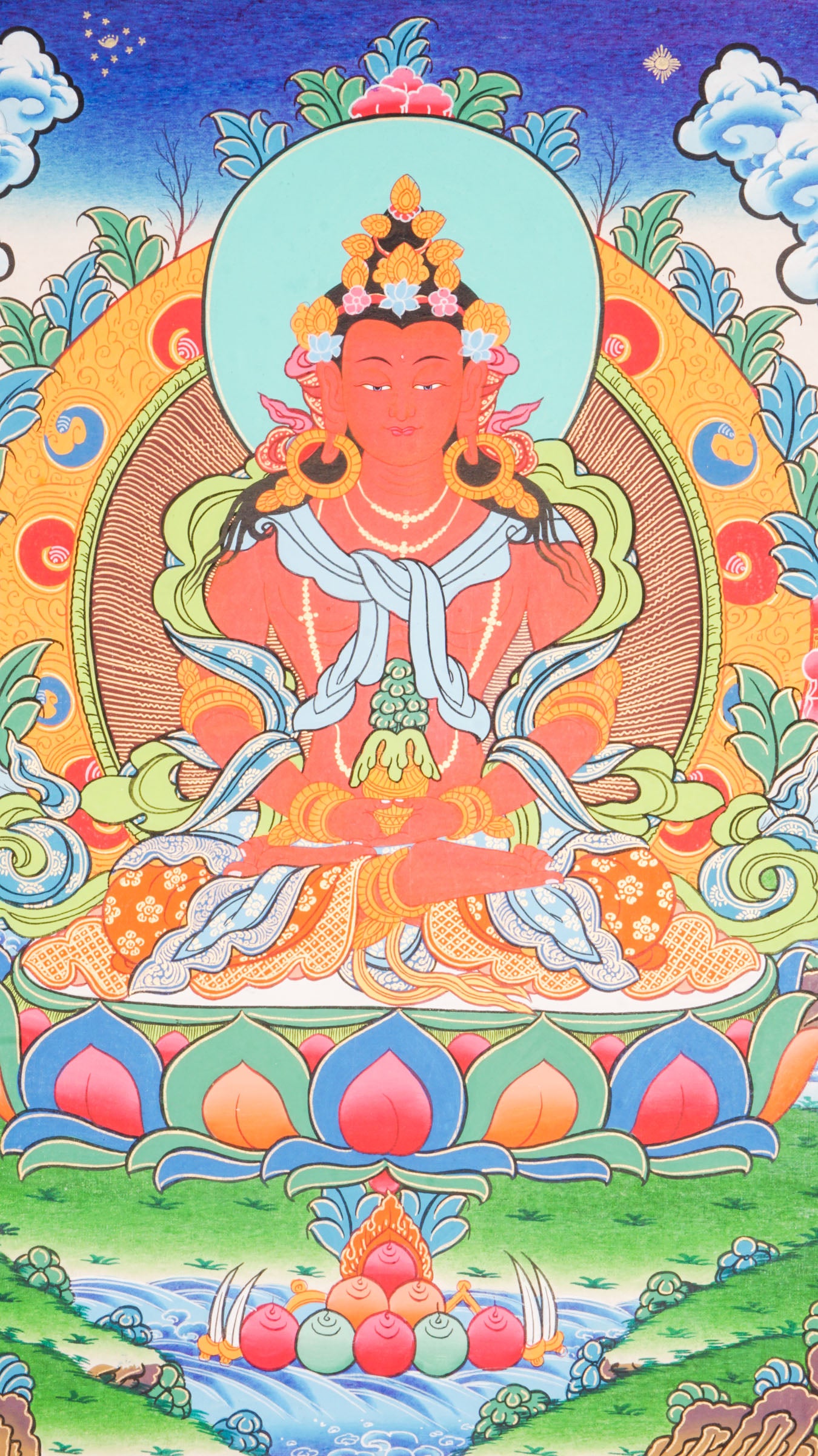 Amitayus Thangka- Exclusive hand-painted art of Amitayus with natural pigments and pure gold.