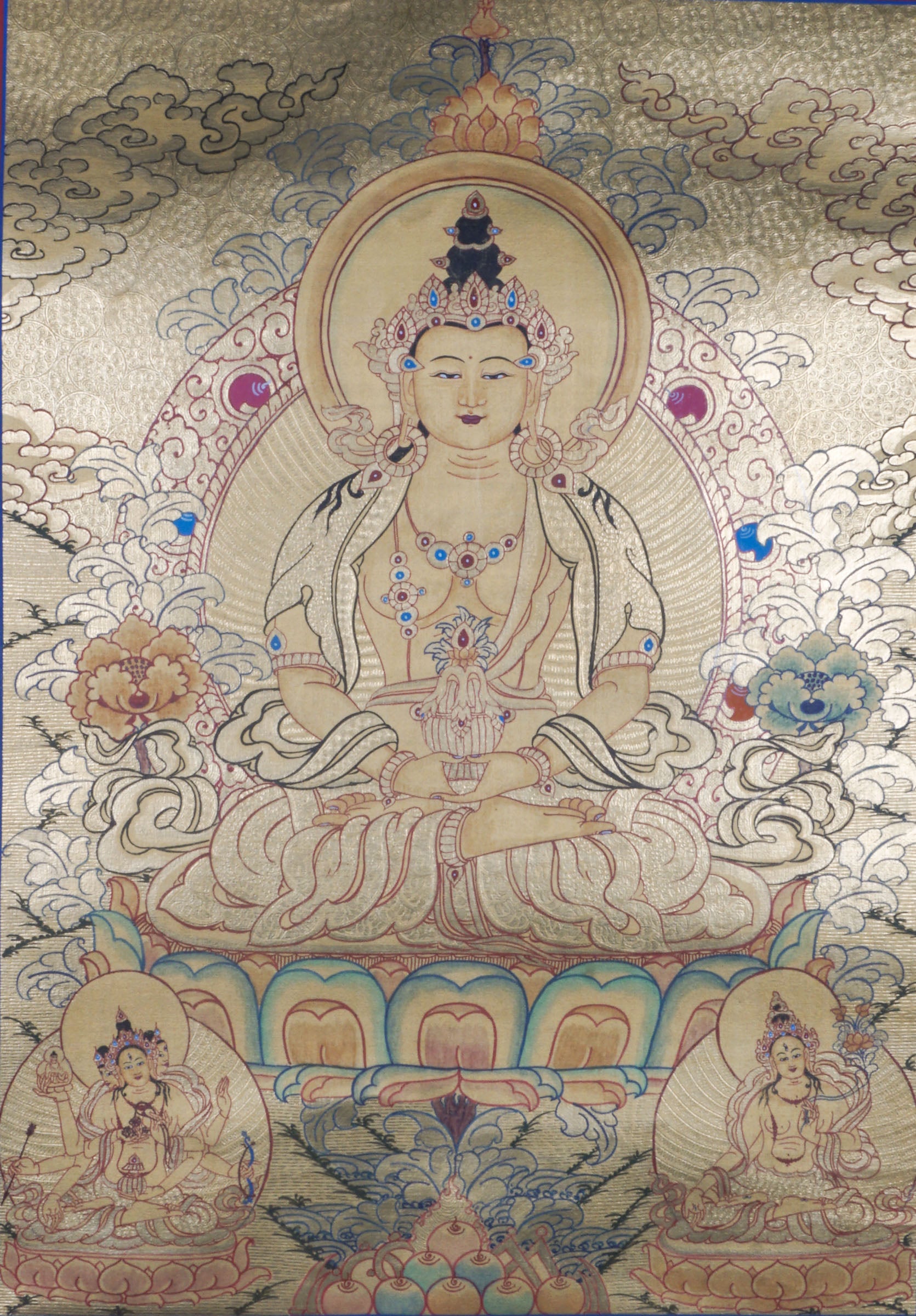  Amitayus Thangka - a  sacred hand painting of Amitayus thangka representing long-life vase filled with the nectar of immortality, with Namgyalma and White Tara presence.