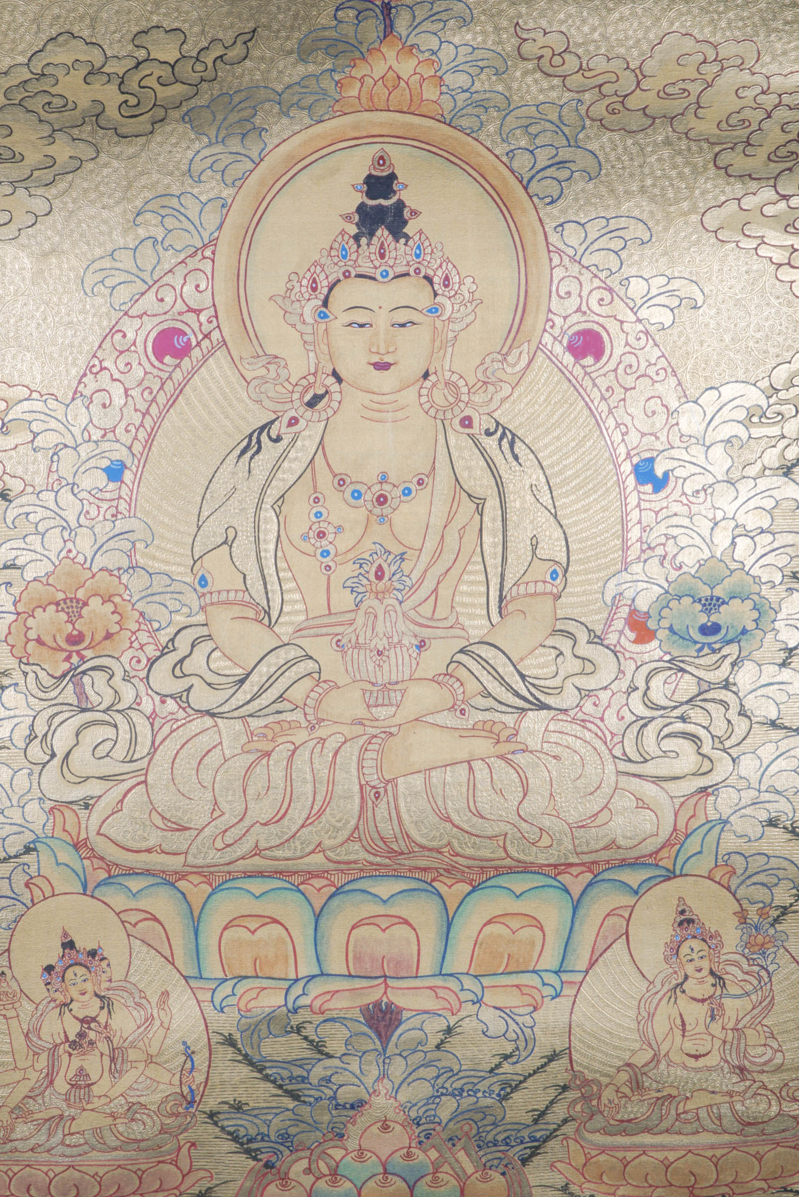  Amitayus Thangka - a  sacred hand painting of Amitayus thangka representing long-life vase filled with the nectar of immortality, with Namgyalma and White Tara presence.