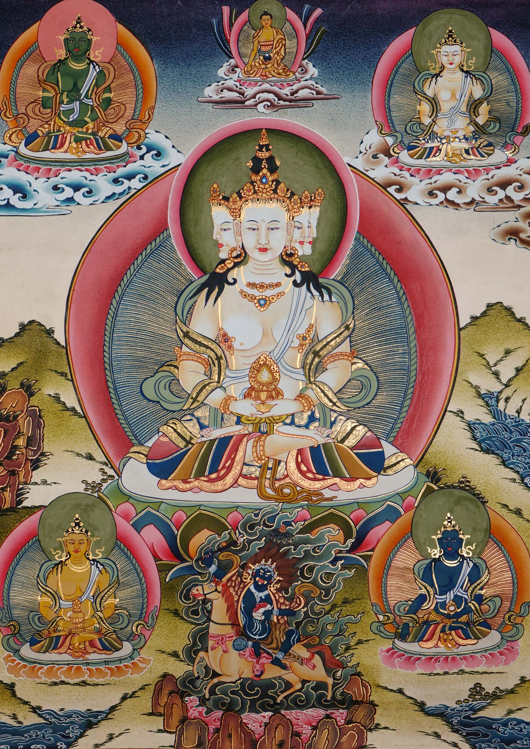 Hand-painted Vairocana Buddha thangka with 24k gold showing central Buddha surrounded by Five Dhyani Buddhas mandala in traditional Tibetan style.