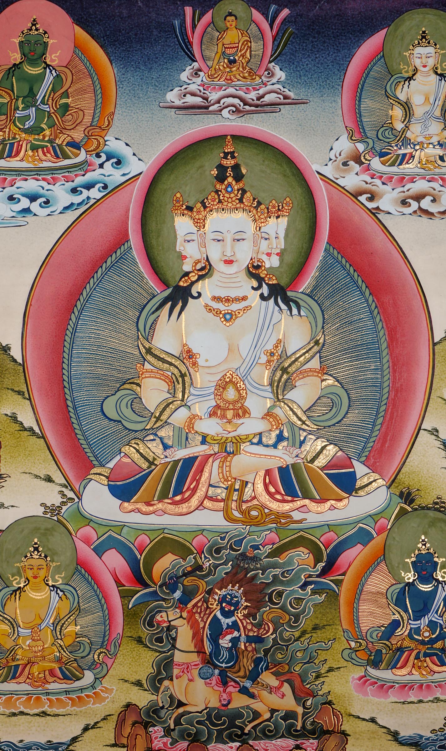 Hand-painted Vairocana Buddha thangka with 24k gold showing central Buddha surrounded by Five Dhyani Buddhas mandala in traditional Tibetan style.