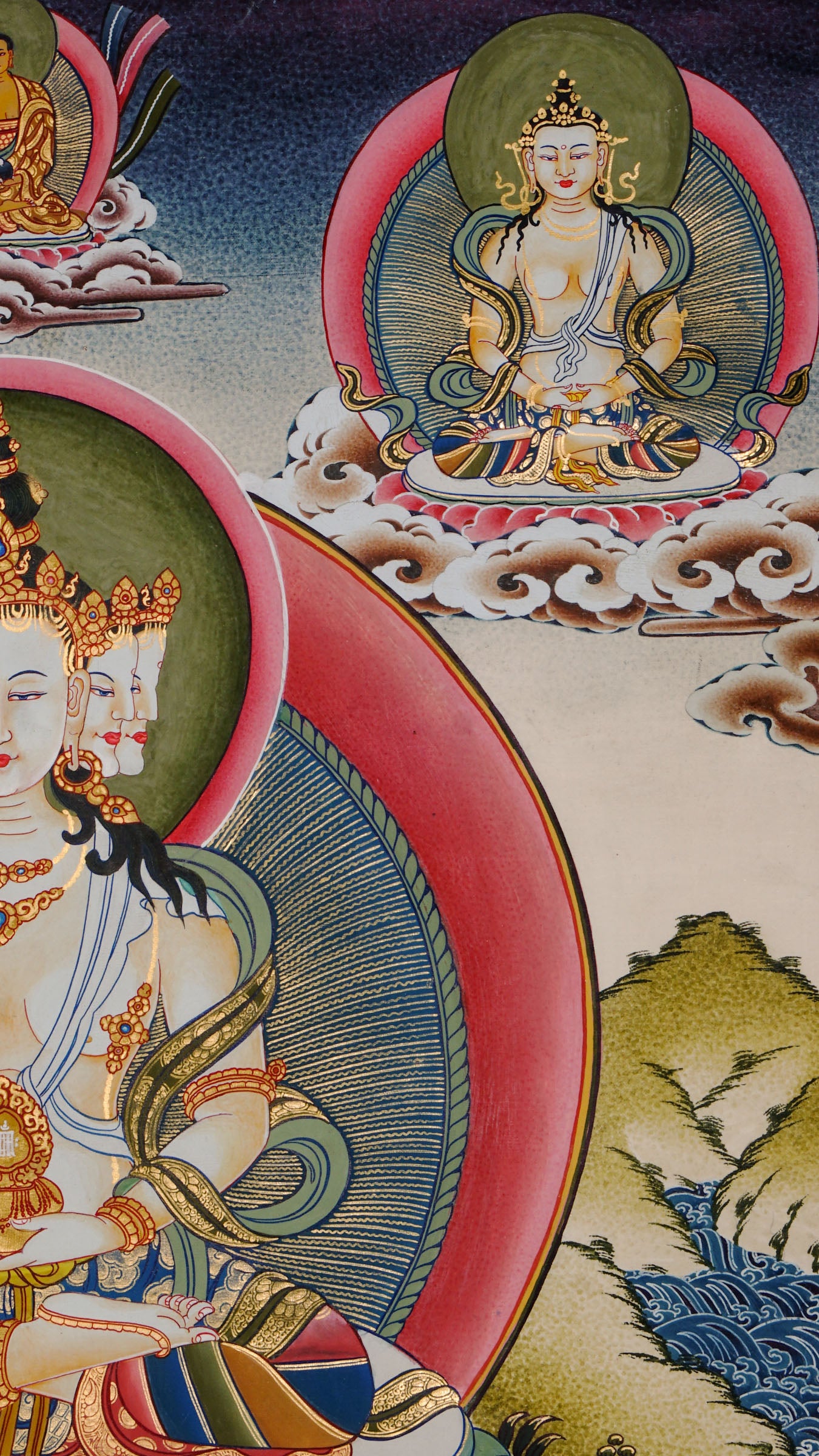 Hand-painted Vairocana Buddha thangka with 24k gold showing central Buddha surrounded by Five Dhyani Buddhas mandala in traditional Tibetan style.