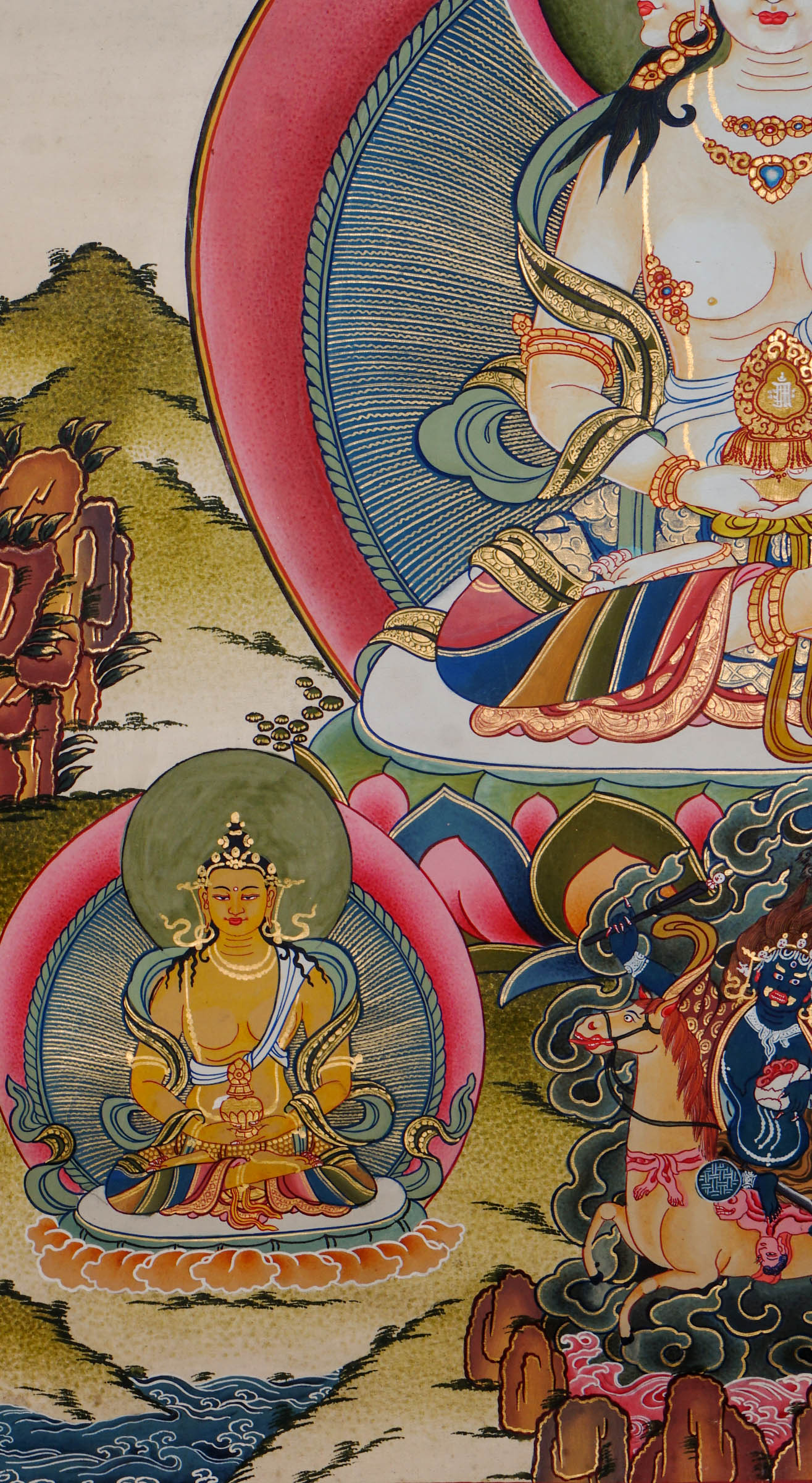 Hand-painted Vairocana Buddha thangka with 24k gold showing central Buddha surrounded by Five Dhyani Buddhas mandala in traditional Tibetan style.