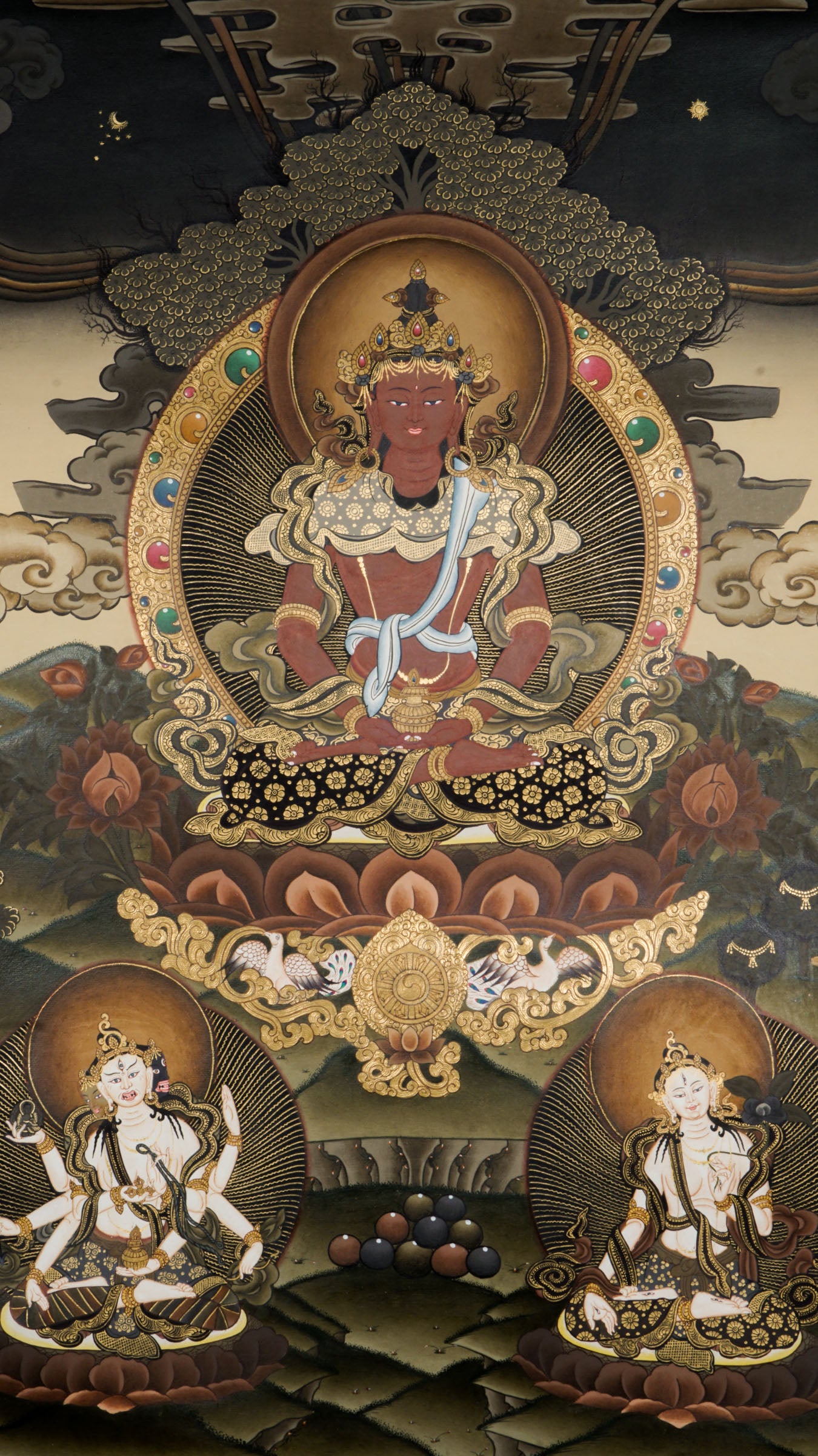 Amitayus Thangka - a sacred hand-painted thangka symbolizing endless life and kindness, sitting peacefully on a lotus throne.