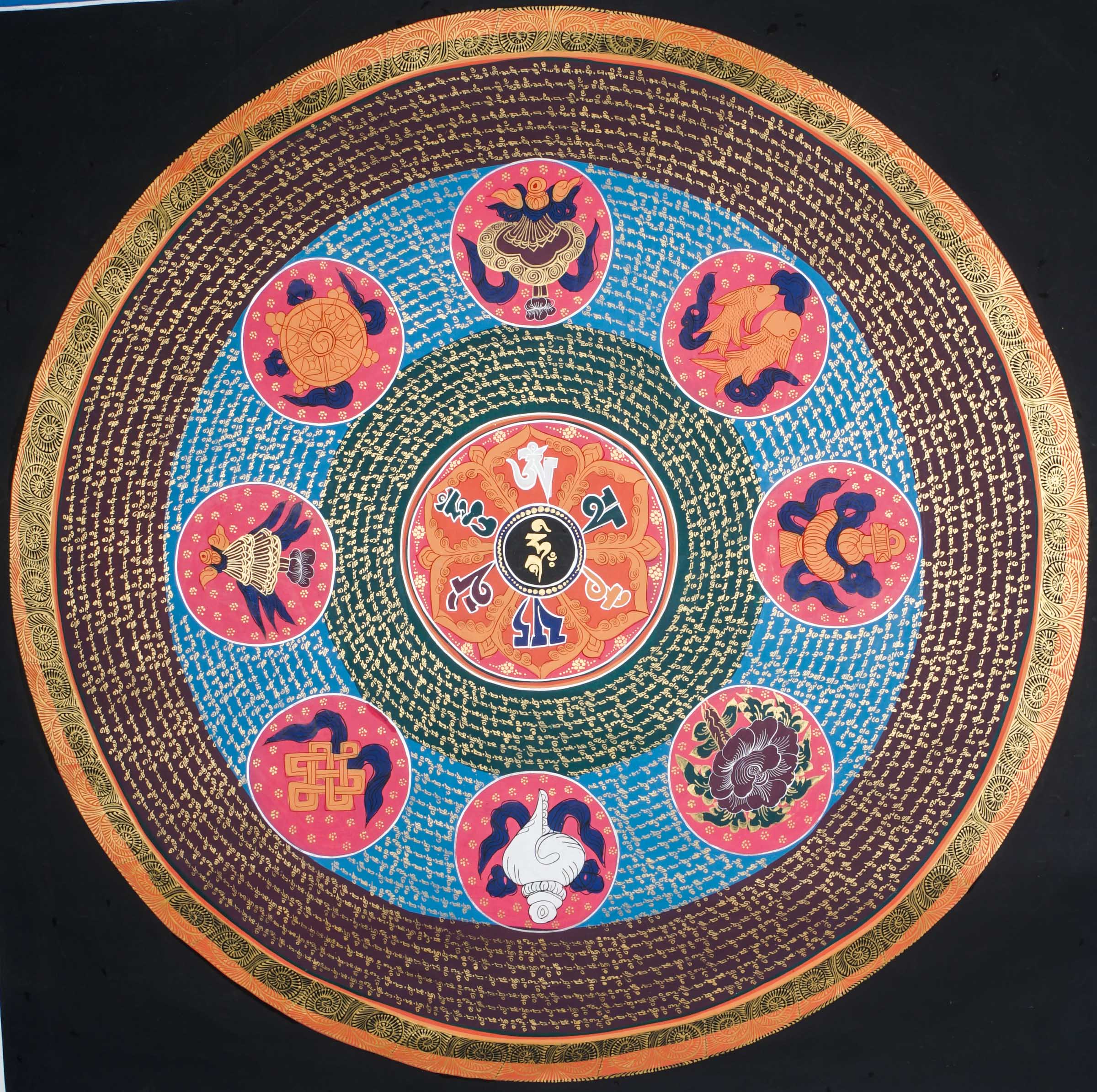 The Authentic Mantra Mandala Thangka is a hand-painted Tibetan artwork combining sacred geometry, the mantra Om Mani Padme Hum, and the Eight Auspicious Symbols to promote protection, mindfulness, and spiritual awakening. Ideal for meditation spaces or sacred decor, this thangka invites inner peace, prosperity, and connection to Buddhist wisdom.