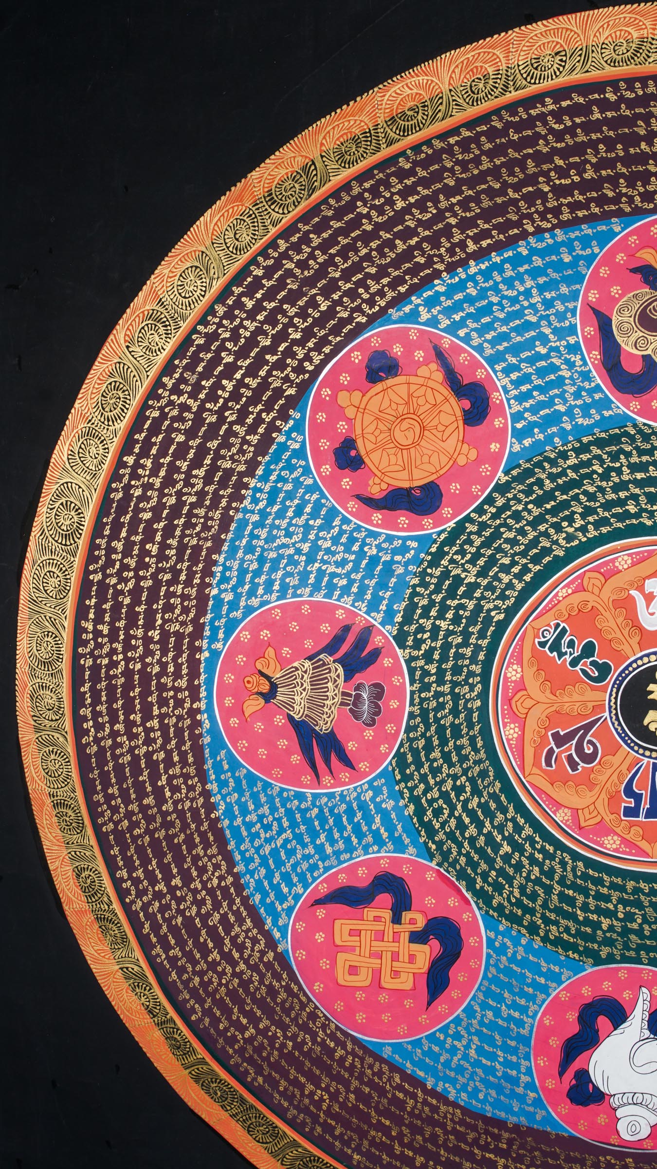 The Authentic Mantra Mandala Thangka is a hand-painted Tibetan artwork combining sacred geometry, the mantra Om Mani Padme Hum, and the Eight Auspicious Symbols to promote protection, mindfulness, and spiritual awakening. Ideal for meditation spaces or sacred decor, this thangka invites inner peace, prosperity, and connection to Buddhist wisdom.