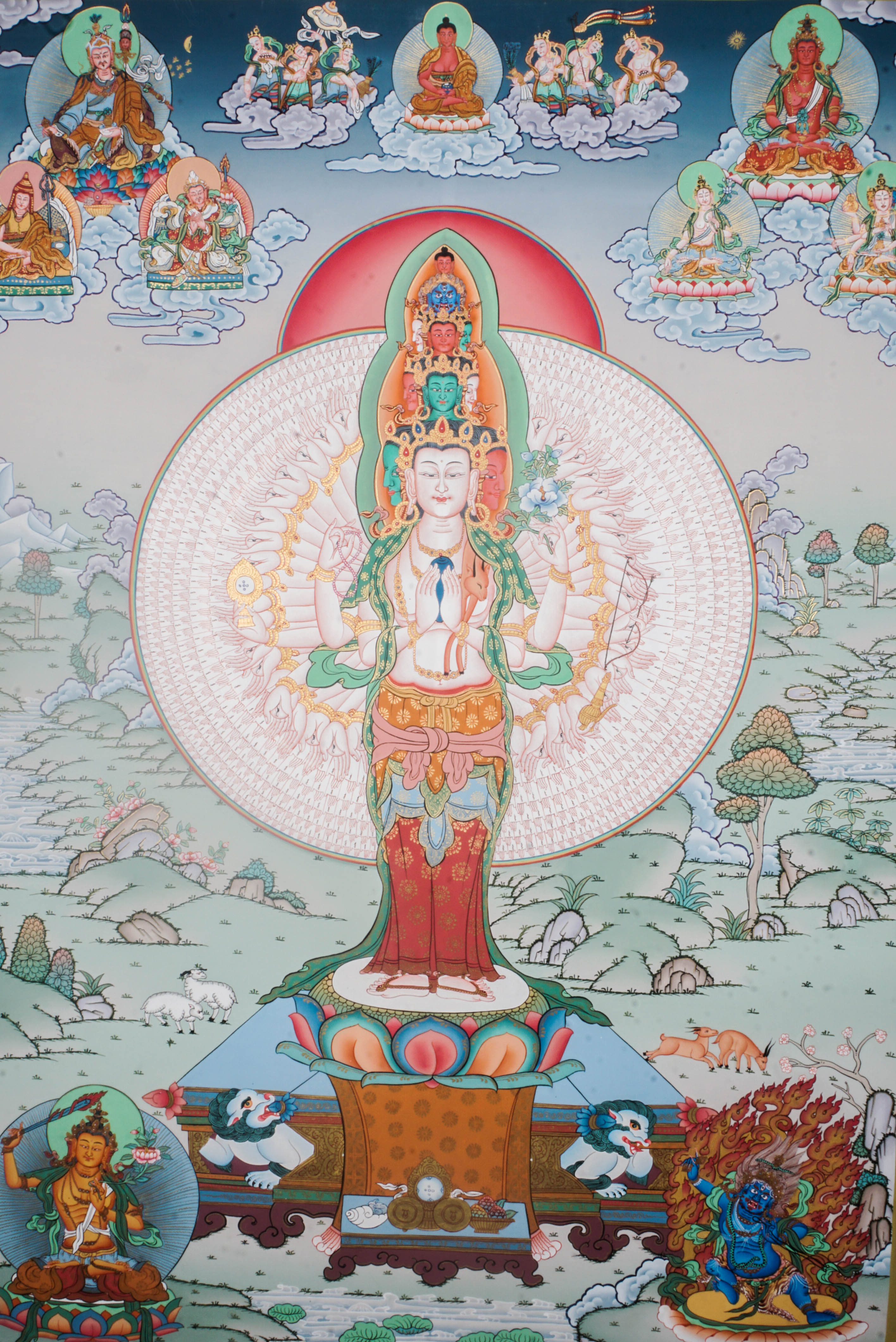 Avalokiteshvara, known as Avalokeshwor or Chenrezig, is a revered bodhisattva in Tibetan Buddhism embodying compassion and mercy. 
