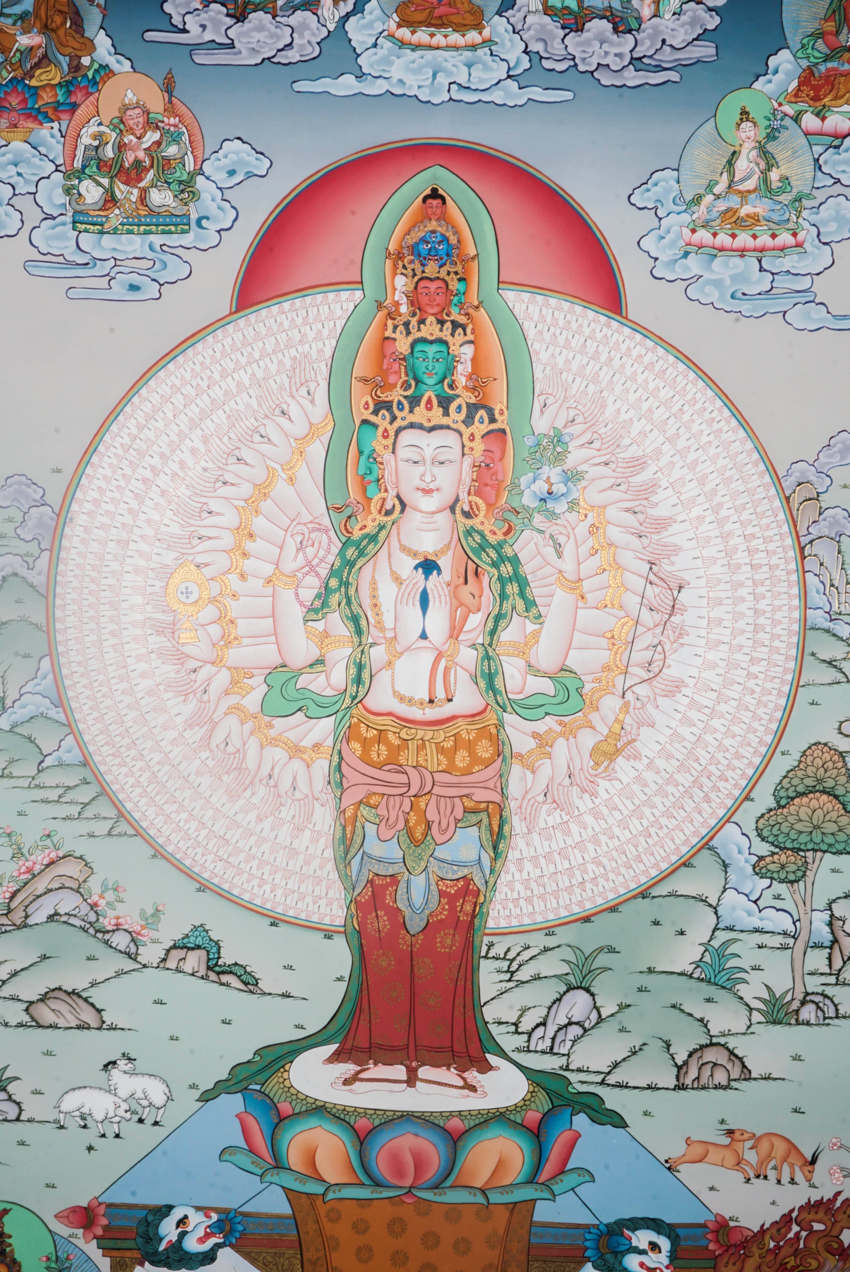 Avalokiteshvara, known as Avalokeshwor or Chenrezig, is a revered bodhisattva in Tibetan Buddhism embodying compassion and mercy. 