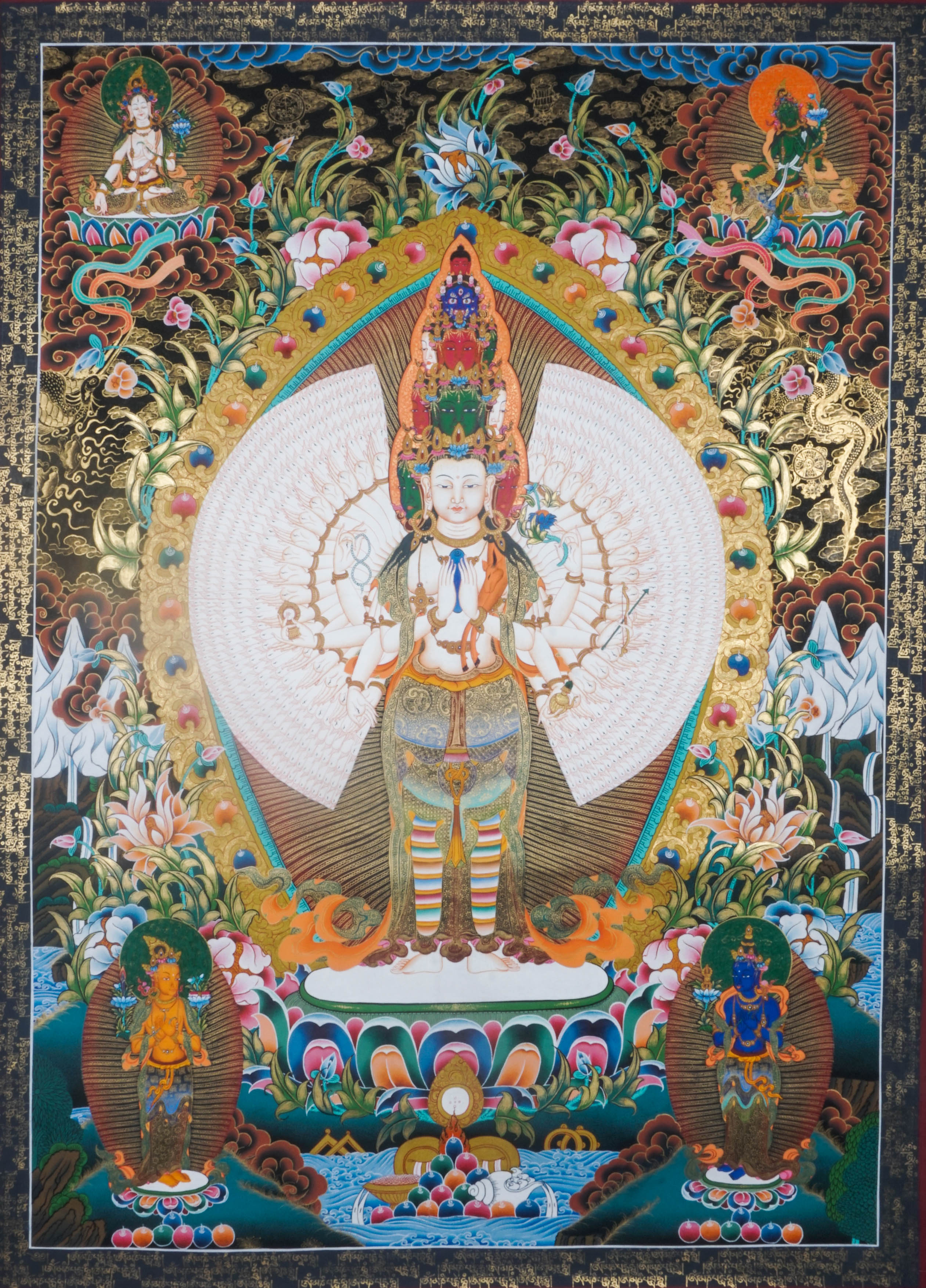 Avalokiteshvara, also referred to as Avalokeshwor or Chenrezig, is an esteemed bodhisattva in Tibetan Buddhism who embodies the principles of compassion and mercy. With multiple arms and heads, Avalokiteshvara symbolizes infinite support and relief for all beings.