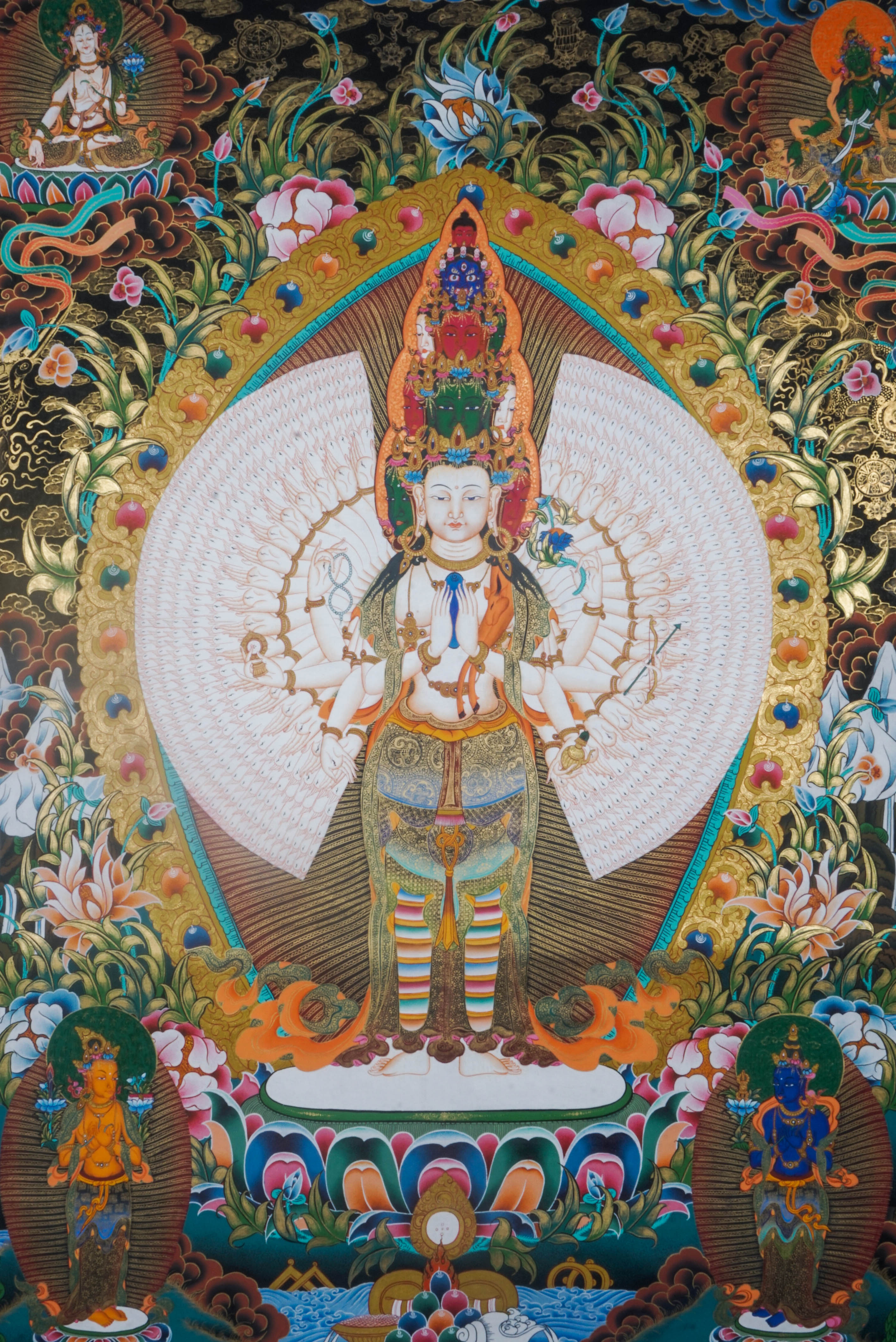 Avalokiteshvara, also referred to as Avalokeshwor or Chenrezig, is an esteemed bodhisattva in Tibetan Buddhism who embodies the principles of compassion and mercy. With multiple arms and heads, Avalokiteshvara symbolizes infinite support and relief for all beings.