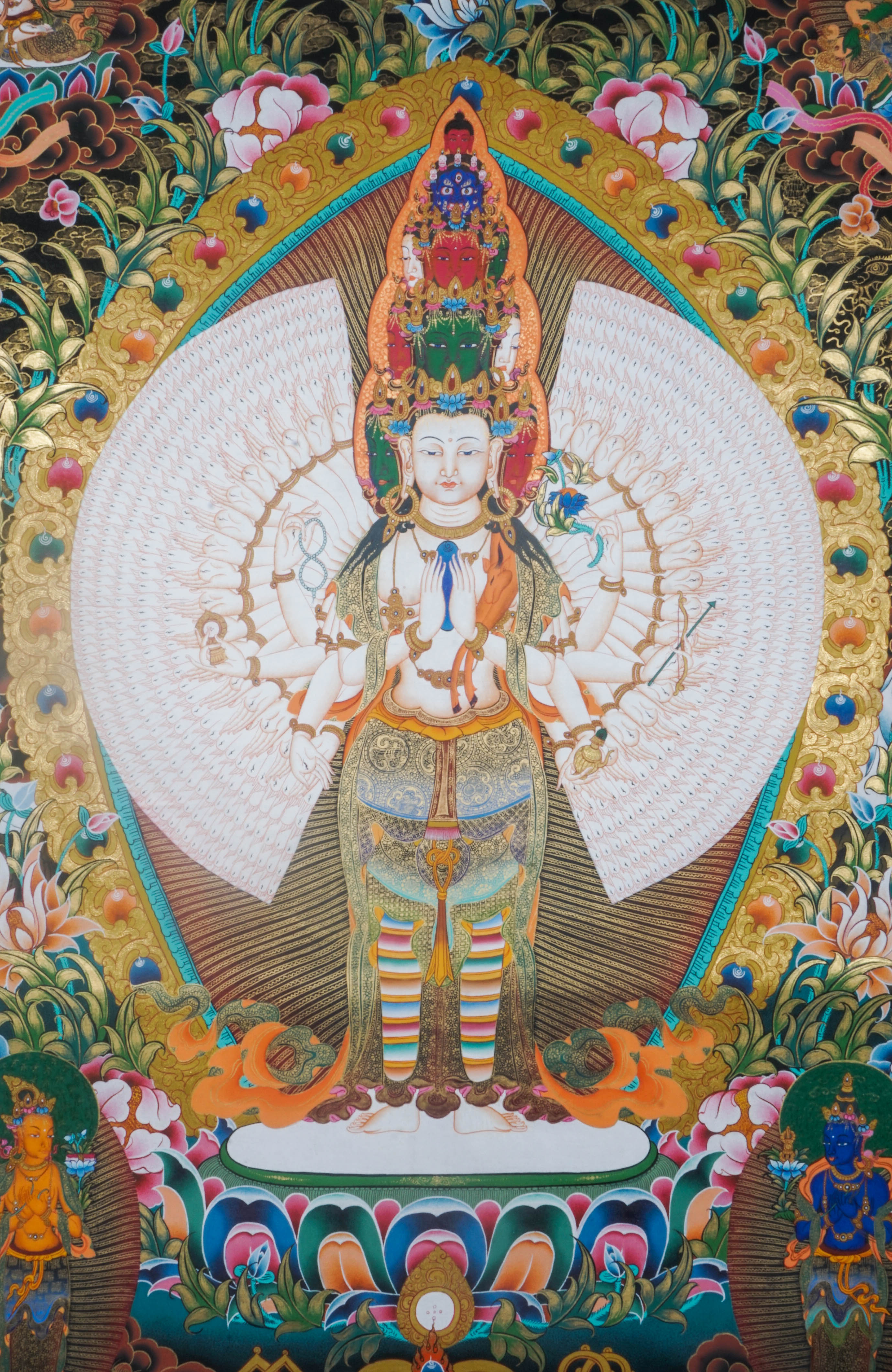 Avalokiteshvara, also referred to as Avalokeshwor or Chenrezig, is an esteemed bodhisattva in Tibetan Buddhism who embodies the principles of compassion and mercy. With multiple arms and heads, Avalokiteshvara symbolizes infinite support and relief for all beings.