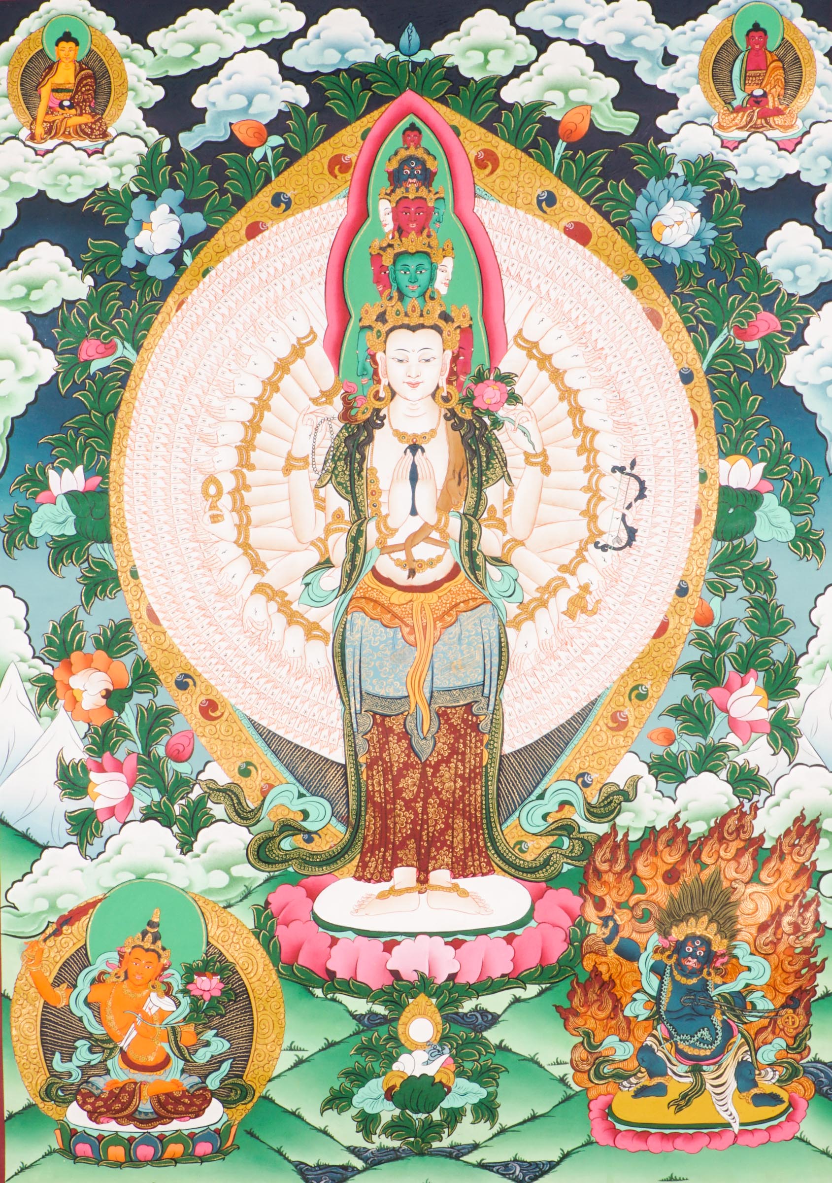 Exquisite Tibetan Thangka painting of Avalokiteshvara (Guanyin), the Bodhisattva of Compassion, hand-painted with natural pigments. A sacred Buddhist artwork for meditation, altars, or spiritual decor, symbolizing peace and enlightenment.