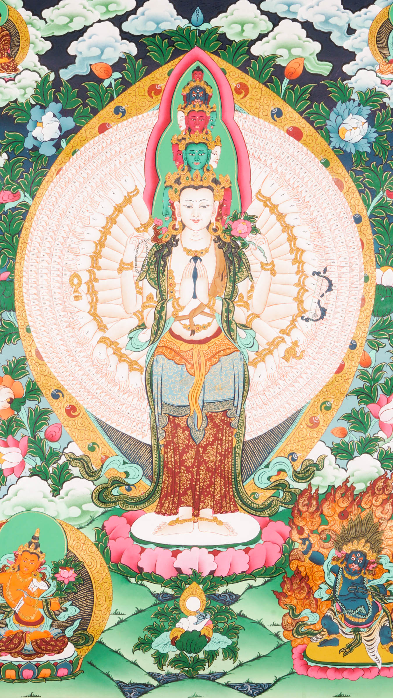 Exquisite Tibetan Thangka painting of Avalokiteshvara (Guanyin), the Bodhisattva of Compassion, hand-painted with natural pigments. A sacred Buddhist artwork for meditation, altars, or spiritual decor, symbolizing peace and enlightenment.