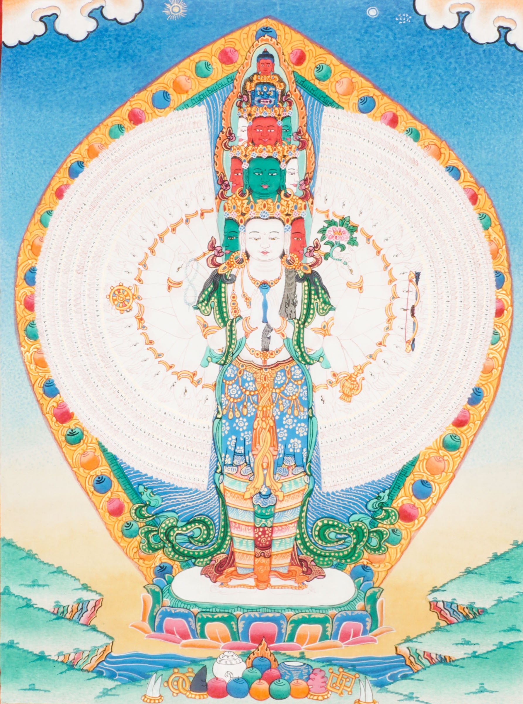 Tibetan Thangka painting of Avalokiteshvara, painted with mineral pigments on cotton. The artwork shows the Buddha of Compassion with multiple arms, holding symbolic objects.