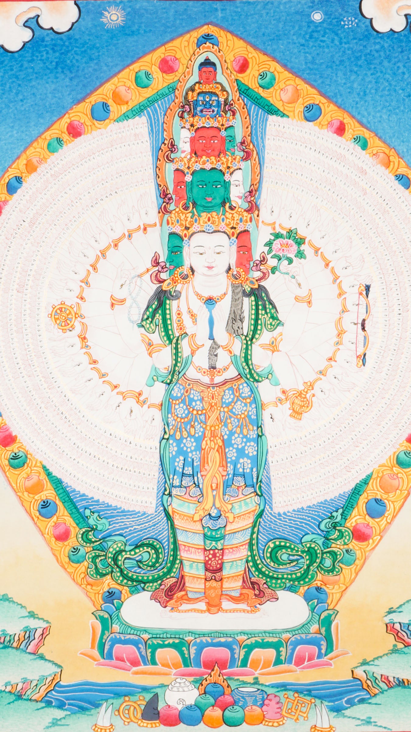 Tibetan Thangka painting of Avalokiteshvara, painted with mineral pigments on cotton. The artwork shows the Buddha of Compassion with multiple arms, holding symbolic objects.