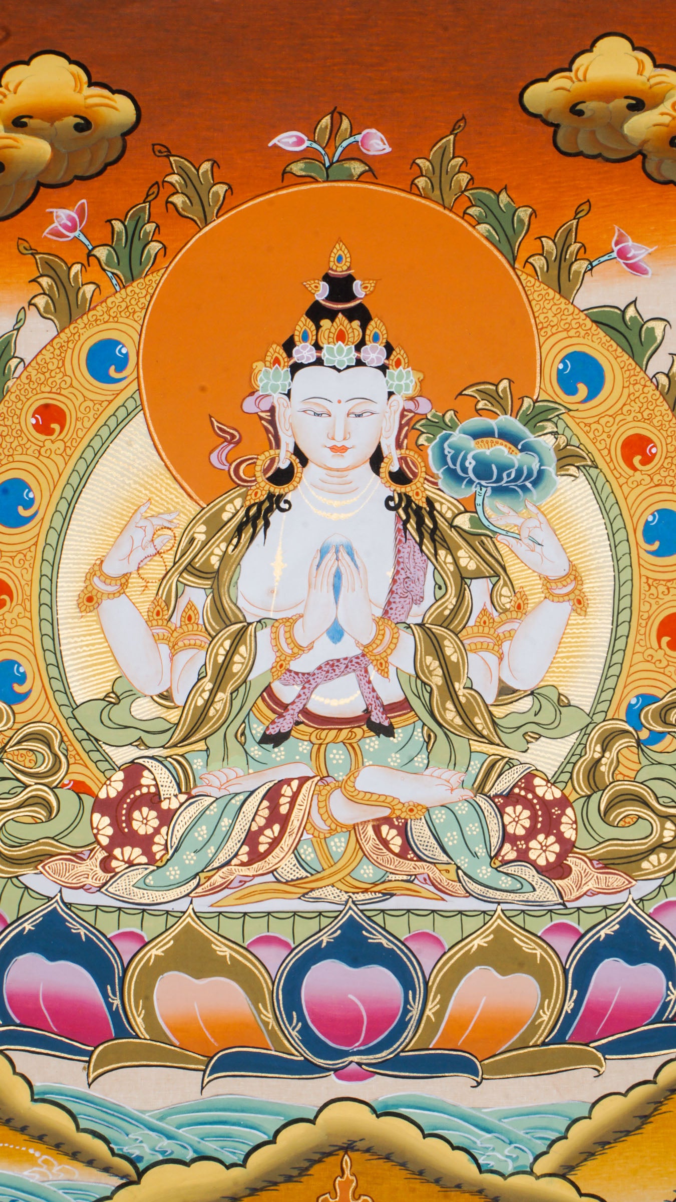 Hand-painted Chengresi Thangka representing the Bodhisattva who listens to the suffering of all living beings.