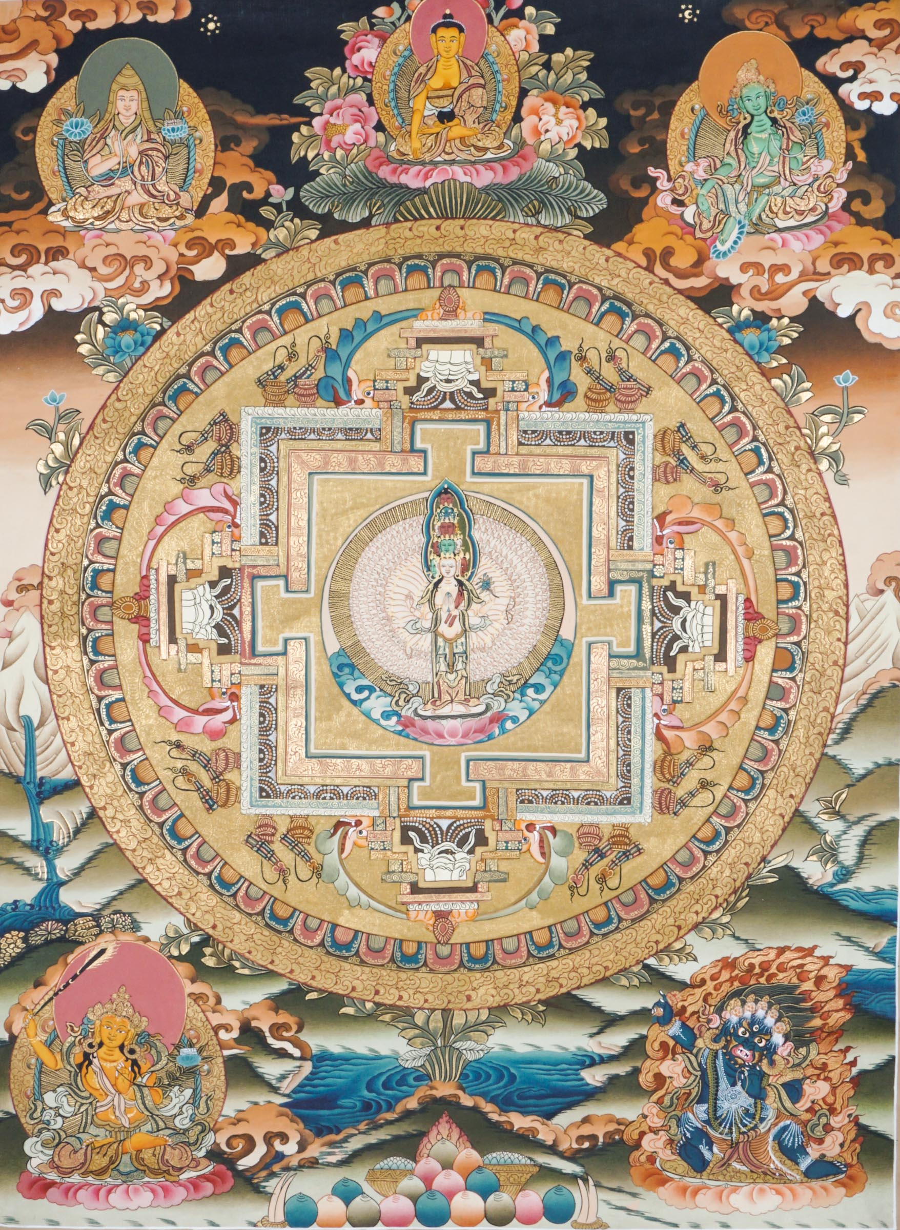 Tibetan Thangka painting of the Avalokiteshvara Mandala, showing the Buddha of Compassion at the center with symbolic imagery. Painted with mineral pigments on cotton, used for meditation and Buddhist practice. 