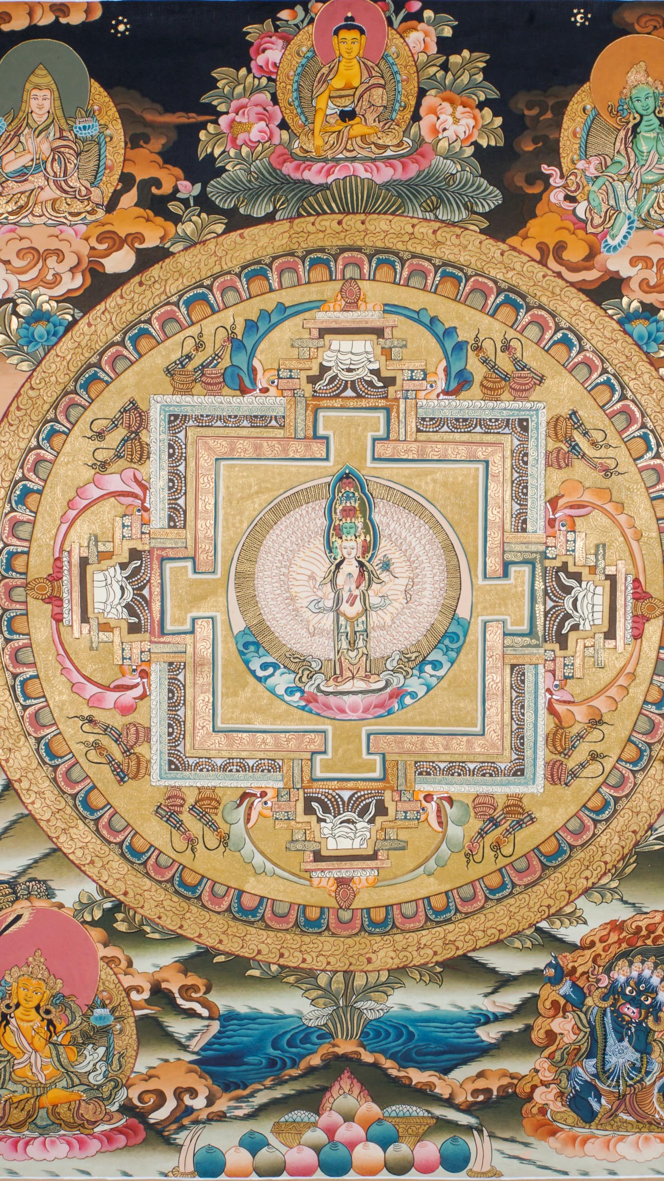 Tibetan Thangka painting of the Avalokiteshvara Mandala, showing the Buddha of Compassion at the center with symbolic imagery. Painted with mineral pigments on cotton, used for meditation and Buddhist practice. 