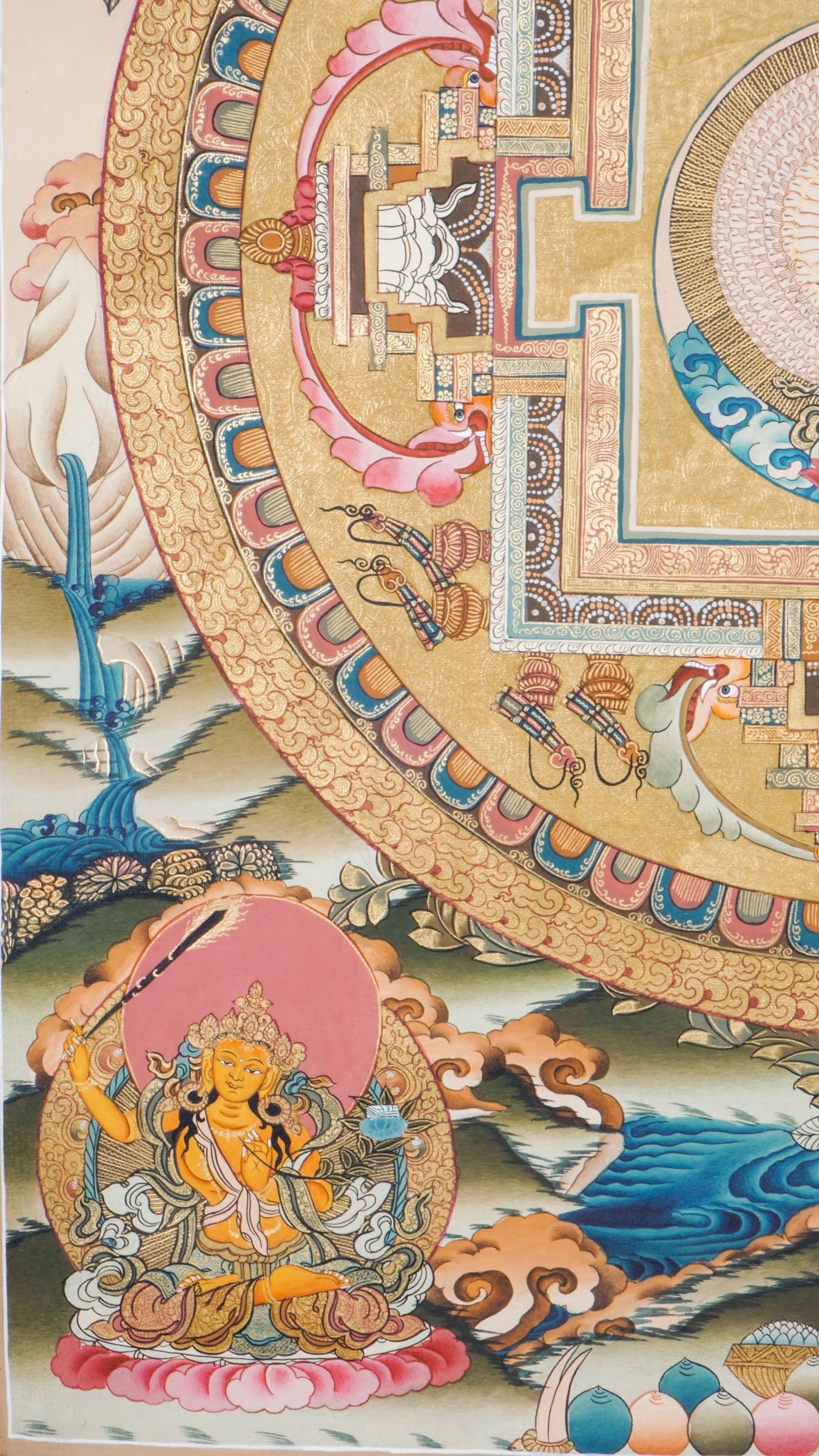 Tibetan Thangka painting of the Avalokiteshvara Mandala, showing the Buddha of Compassion at the center with symbolic imagery. Painted with mineral pigments on cotton, used for meditation and Buddhist practice. 
