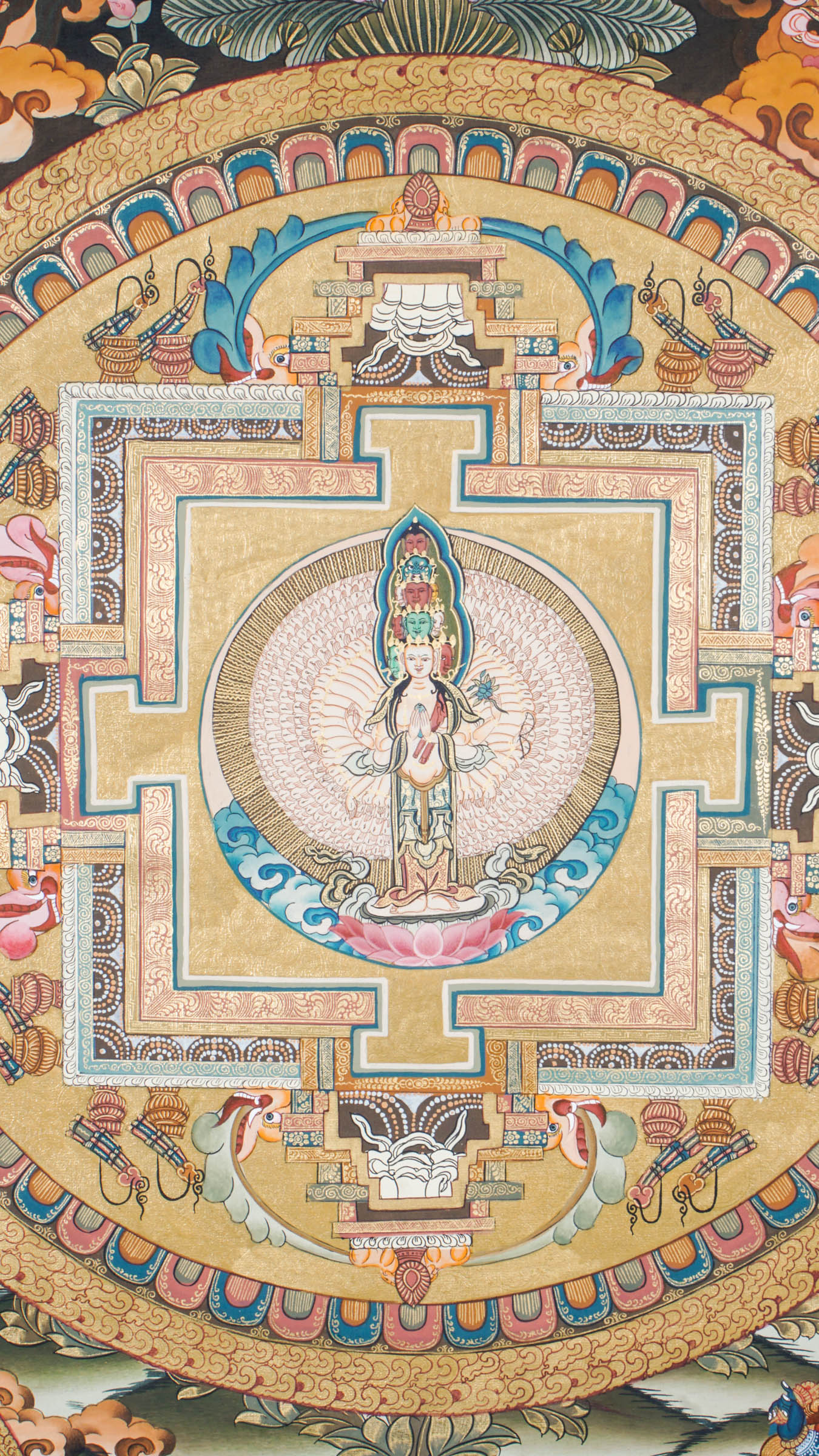 Tibetan Thangka painting of the Avalokiteshvara Mandala, showing the Buddha of Compassion at the center with symbolic imagery. Painted with mineral pigments on cotton, used for meditation and Buddhist practice. 