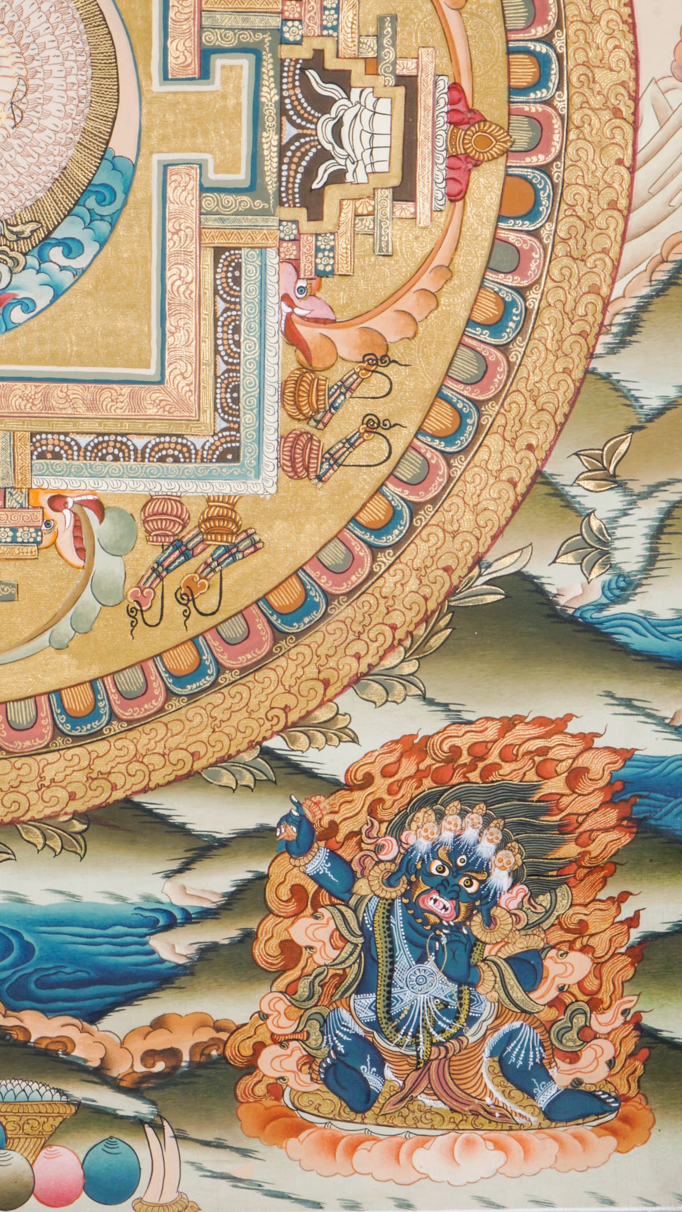 Tibetan Thangka painting of the Avalokiteshvara Mandala, showing the Buddha of Compassion at the center with symbolic imagery. Painted with mineral pigments on cotton, used for meditation and Buddhist practice. 
