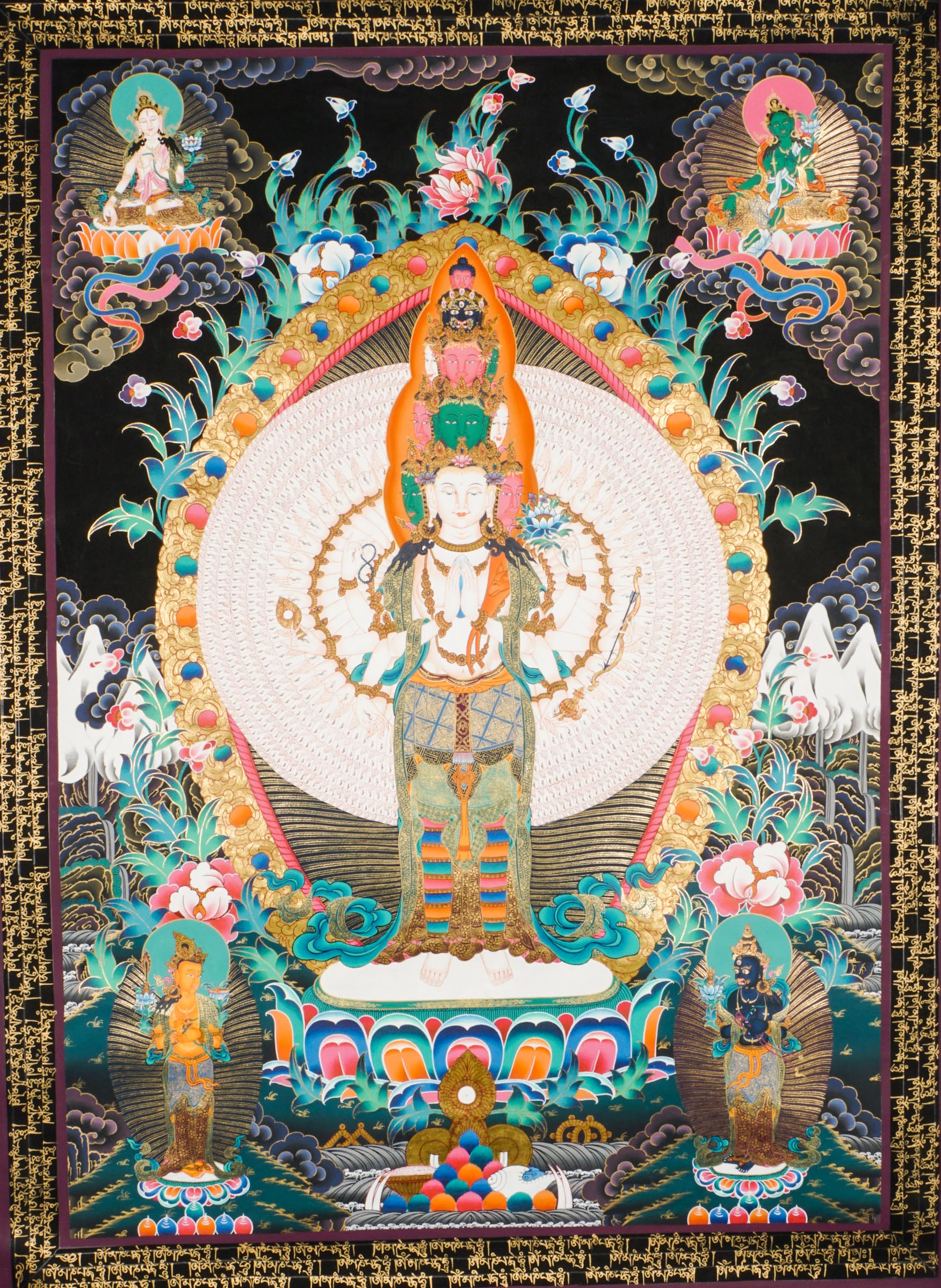 Authentic Tibetan Thangka of Avalokiteshvara (Chenrezig/Guanyin), the Bodhisattva of Compassion, hand-painted with natural pigments. This sacred Buddhist artwork features intricate details and vibrant colors, perfect for meditation, altars, or spiritual inspiration.