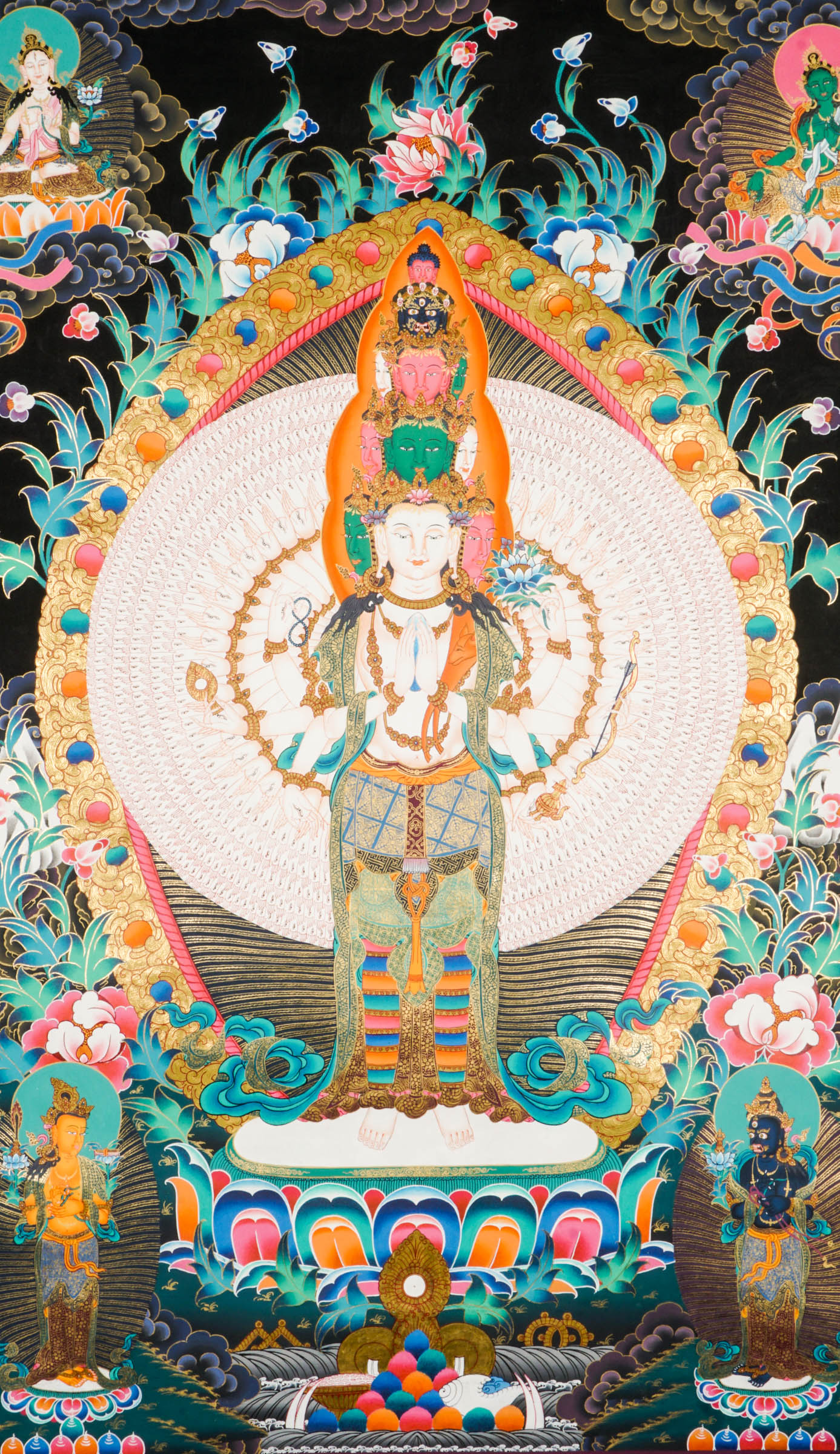 Authentic Tibetan Thangka of Avalokiteshvara (Chenrezig/Guanyin), the Bodhisattva of Compassion, hand-painted with natural pigments. This sacred Buddhist artwork features intricate details and vibrant colors, perfect for meditation, altars, or spiritual inspiration. 