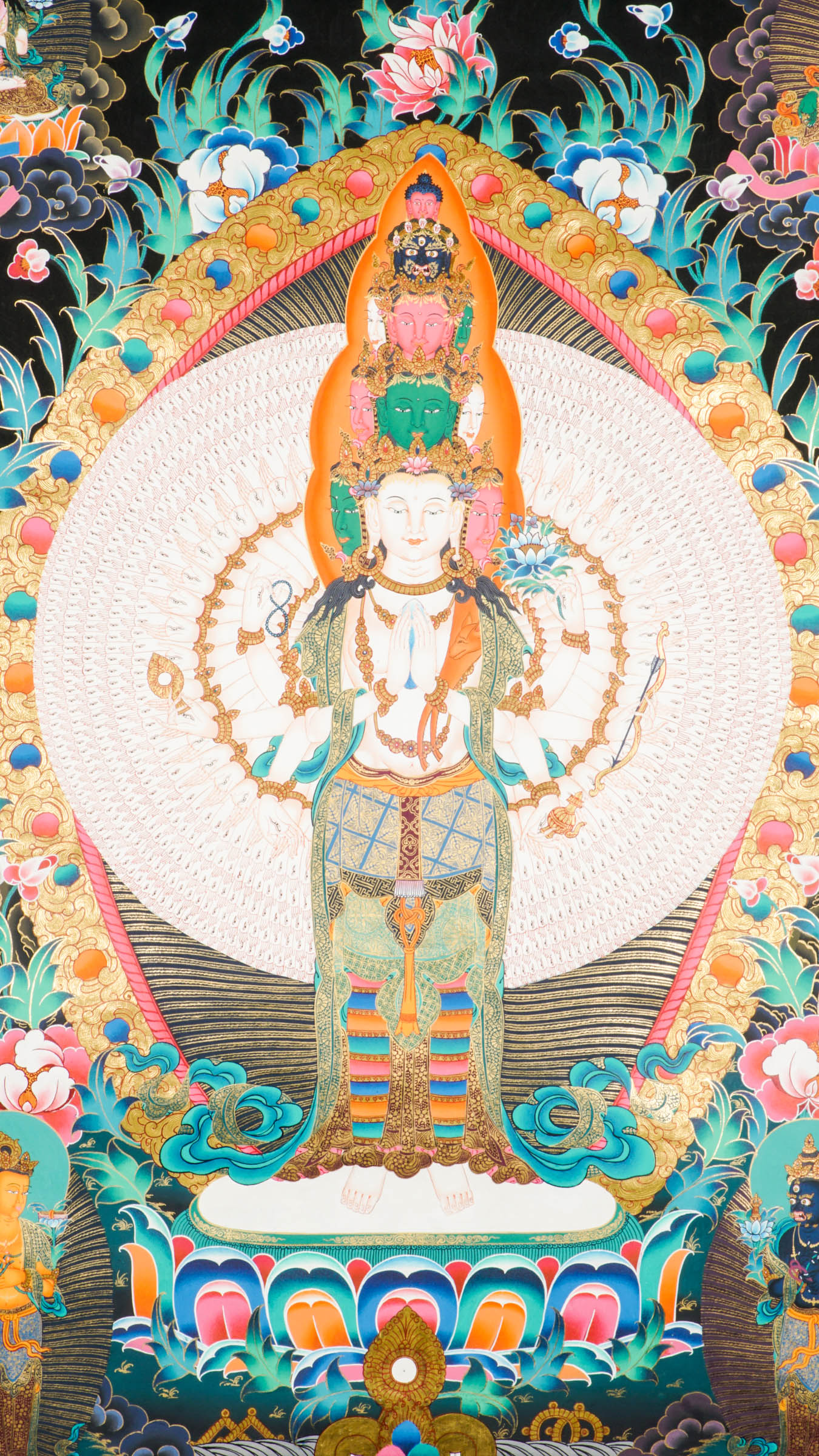 Authentic Tibetan Thangka of Avalokiteshvara (Chenrezig/Guanyin), the Bodhisattva of Compassion, hand-painted with natural pigments. This sacred Buddhist artwork features intricate details and vibrant colors, perfect for meditation, altars, or spiritual inspiration. 