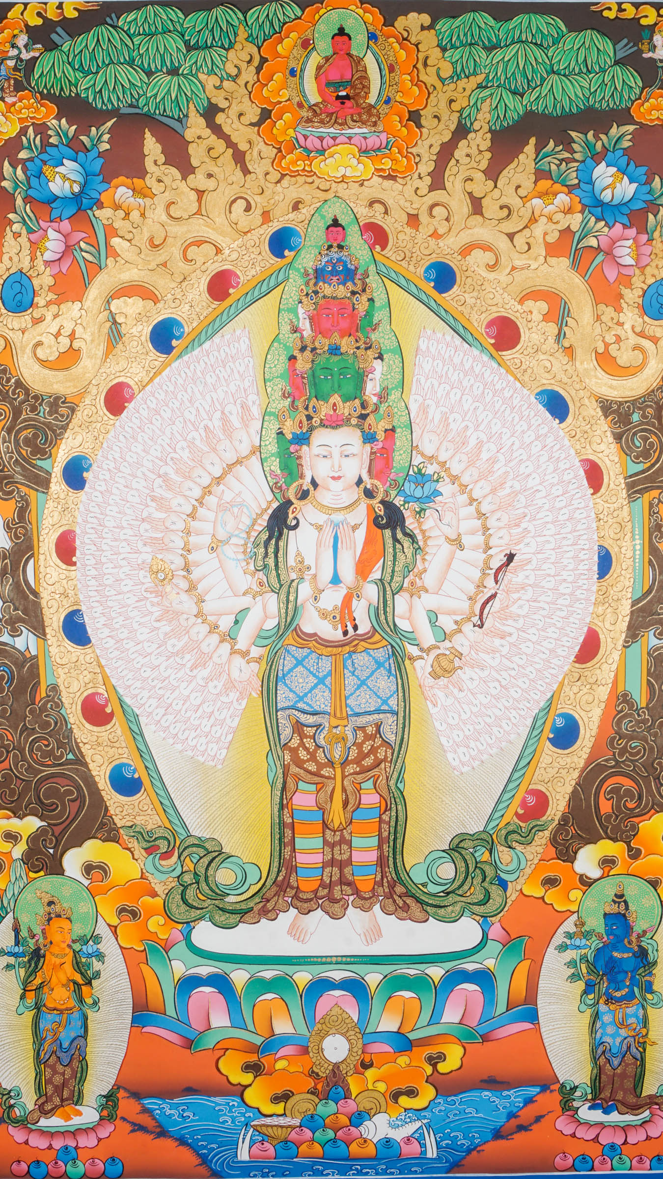 Avalokiteshvara thousand-armed Thangka piece exemplifies both exceptional artistry and rich spiritual meaning.